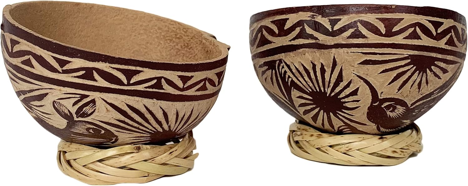 Mezcal Jicaras (Small, Shot Glass Size) - Holds 2-3 Ounces - Hand-carved from Mexico with Natural Fiber Base (Brown, 4)