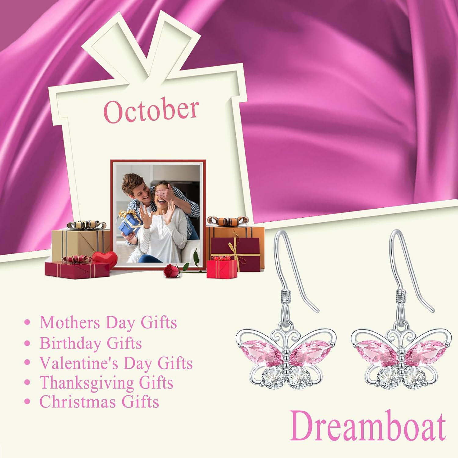 Dreamboat Butterfly Birthstone Dangle Drop Earrings for Women 925 Sterling Silver Cubic Zirconia Butterfly Dangling Hook Jewelry Anniversary Birthday Gifts for Mom Wife Daughter Her
