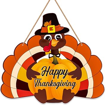 Happy Thanksgiving Door Sign - Farmhouse Thanksgiving Turkey Wreath for Front Door Turkey Pumpkin Decorations for Fall Autumn Harvest Gobble Hanging Sign for Home Indoor Outdoor Decor