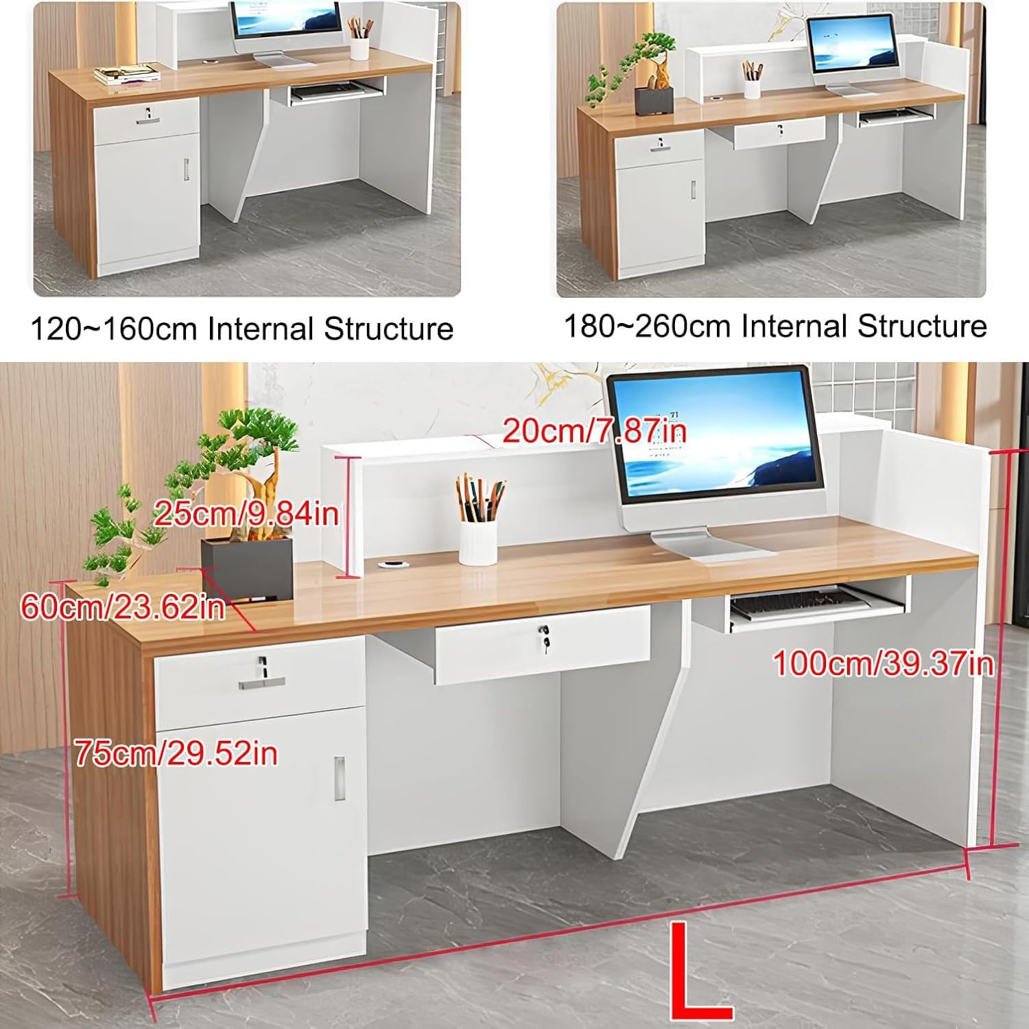 Modern Reception Desk，Solid Wood Checkout Counter Office Front Desk Reception Counter with Storage Drawer & LED Lighting for Salon Clothing Store Company