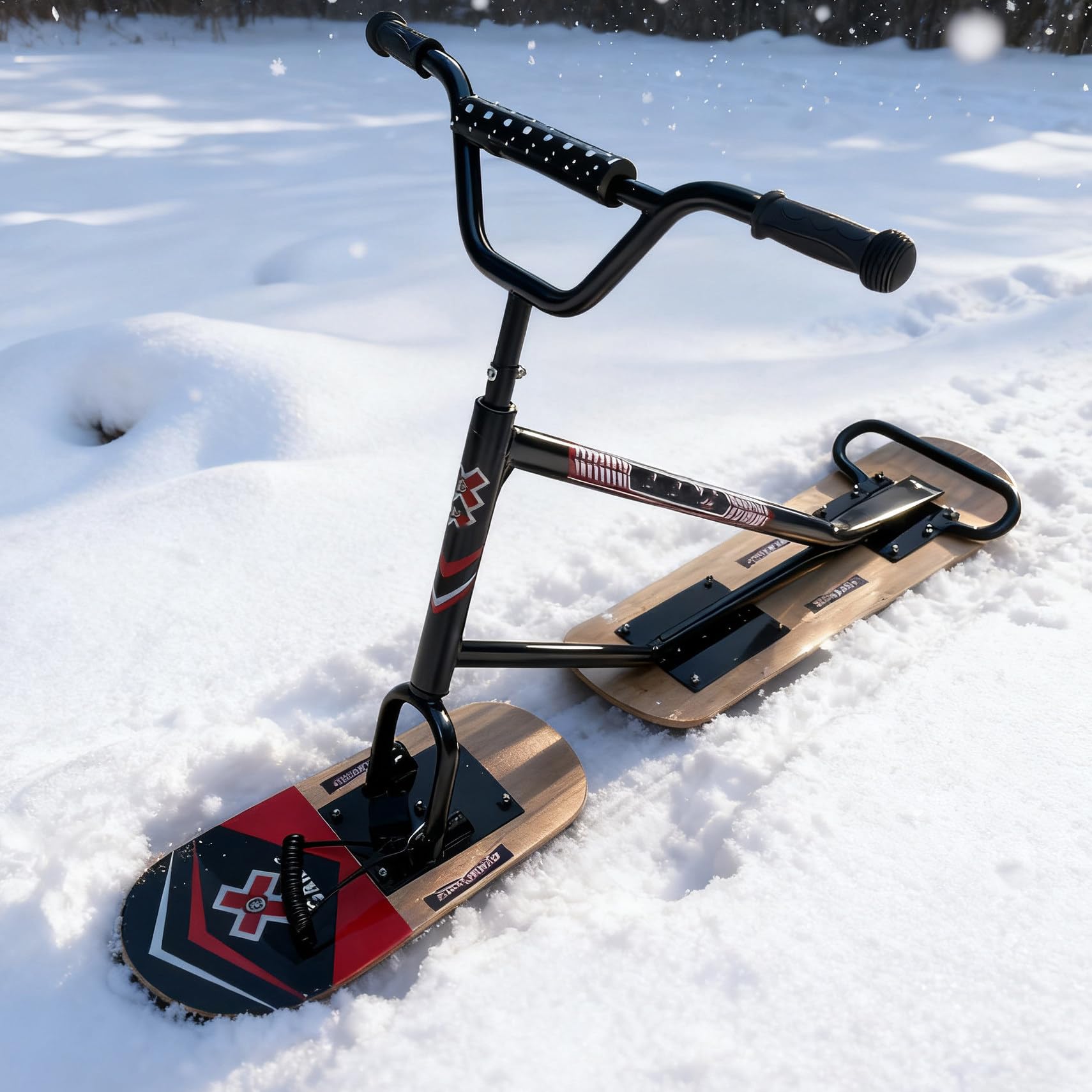 Monopattino da neve, telaio in lega di alluminio rinforzato, design leggero, maniglia sterzo a 360° per una facile manovrabilità su sentieri e pendii