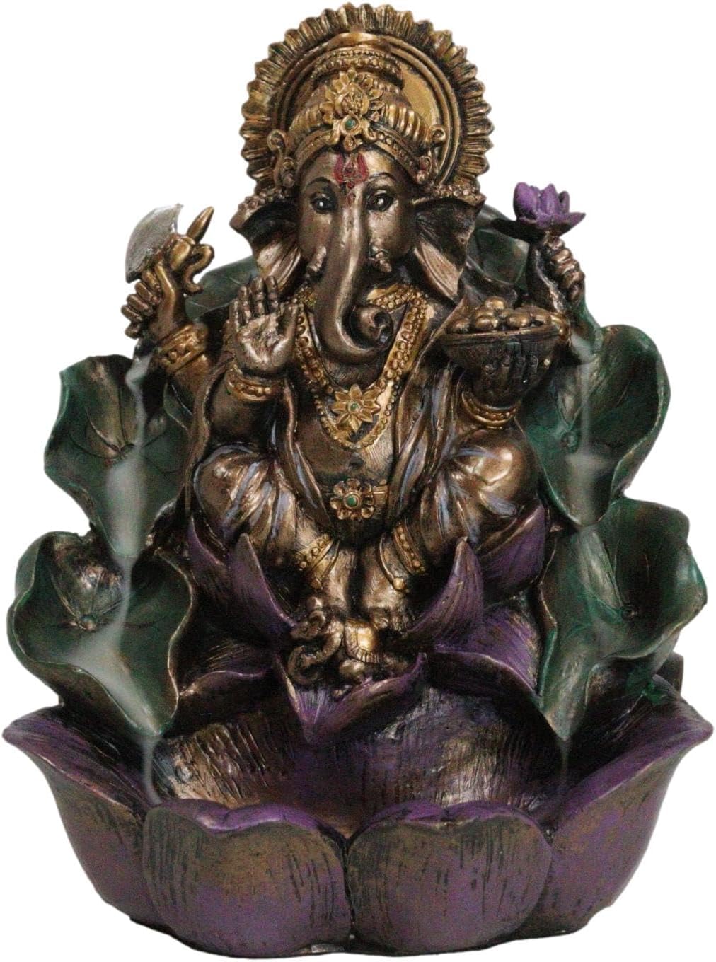 Ebros Hindu Avatar Ganapati Lord Ganesha with 4 Hands Seated On Lotus Throne Backflow Cone Incense Burner Statue 6" Tall Hinduism Vastu God of Wisdom Success and Prosperity Altar Decor Figurine