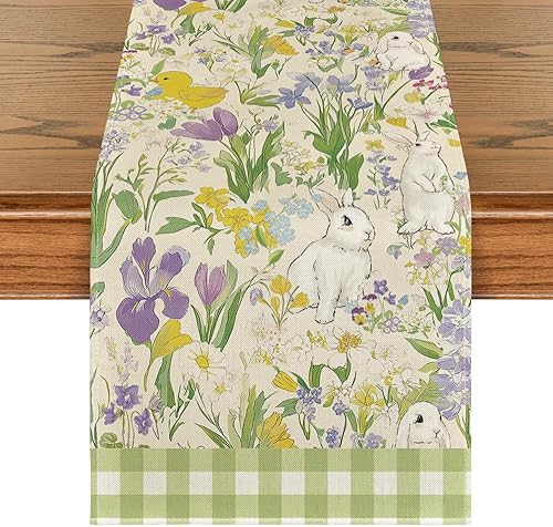 Artoid Mode Camino de mesa de Pascua con hojas florales de conejos, patos, decoración de mesa de comedor de primavera para decoración de fiesta en