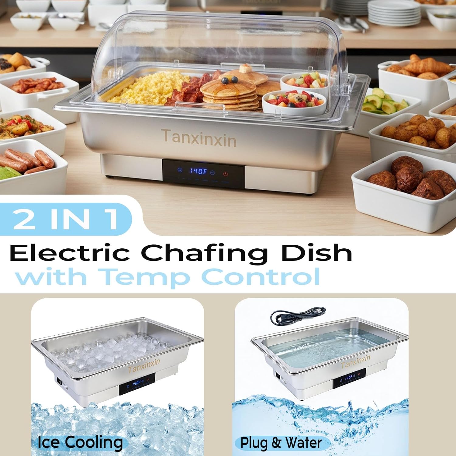 12 QT Electric Chafing Dish Buffet Set,Roll Top Chafer with Digital Adjustable Temp Control Food Warmer,Stainless Steel Full Size & Half-Size &Three-Section,Catering,Buffets,600W