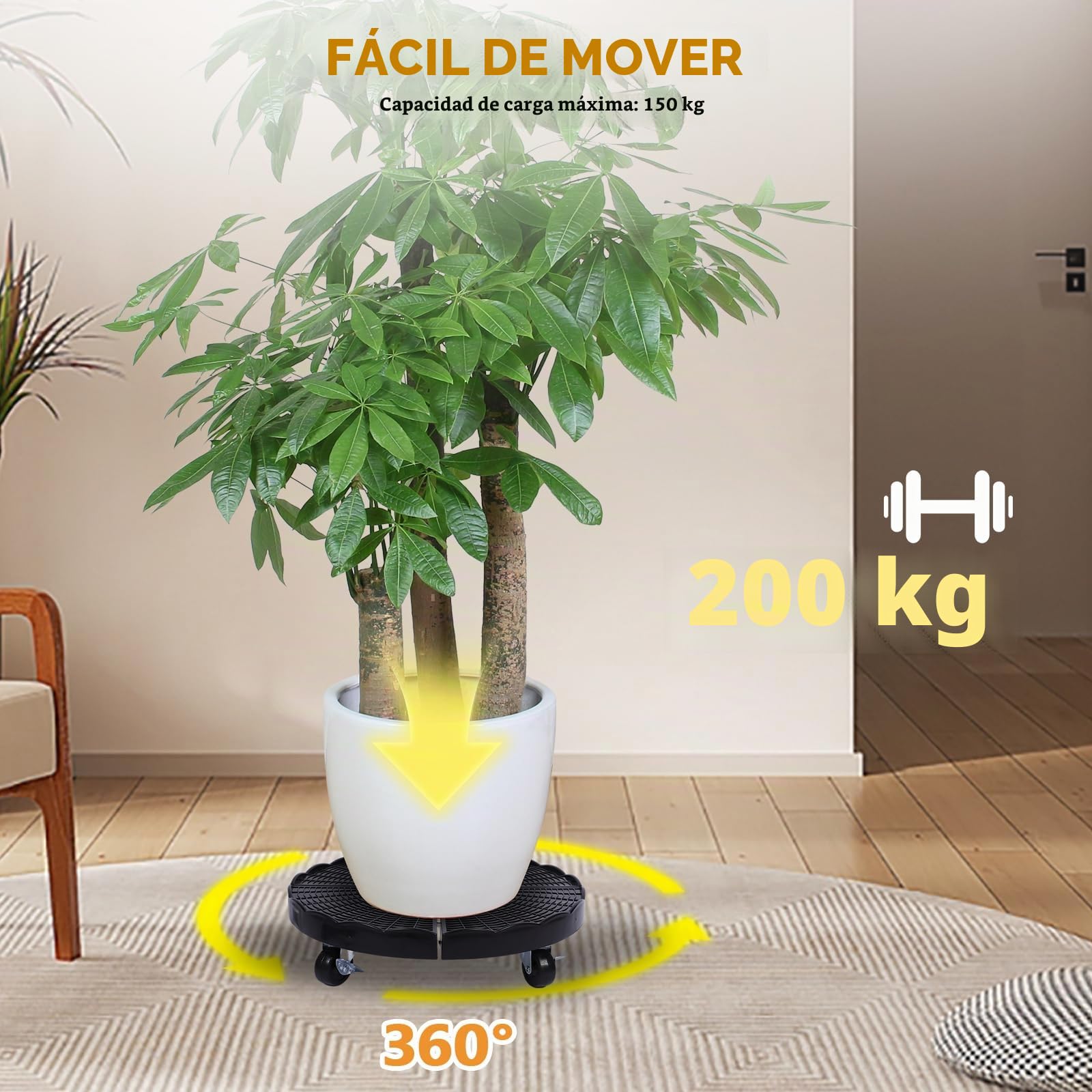Zorplex Rodillo para Plantas Ajustable Ø 38–50 cm, Soporte Redondo con Ruedas Giratorias 360° y Freno, Capacidad hasta 150kg, Base Resistente a La Intemperie para Macetas Grandes, Interior y Exterior