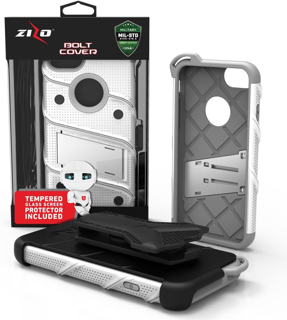 ZIZO Bolt Series iPhone 8 Case Military Grade Drop Tested with Tempered Glass Screen Protector, Holster iPhone 7 case White Gray