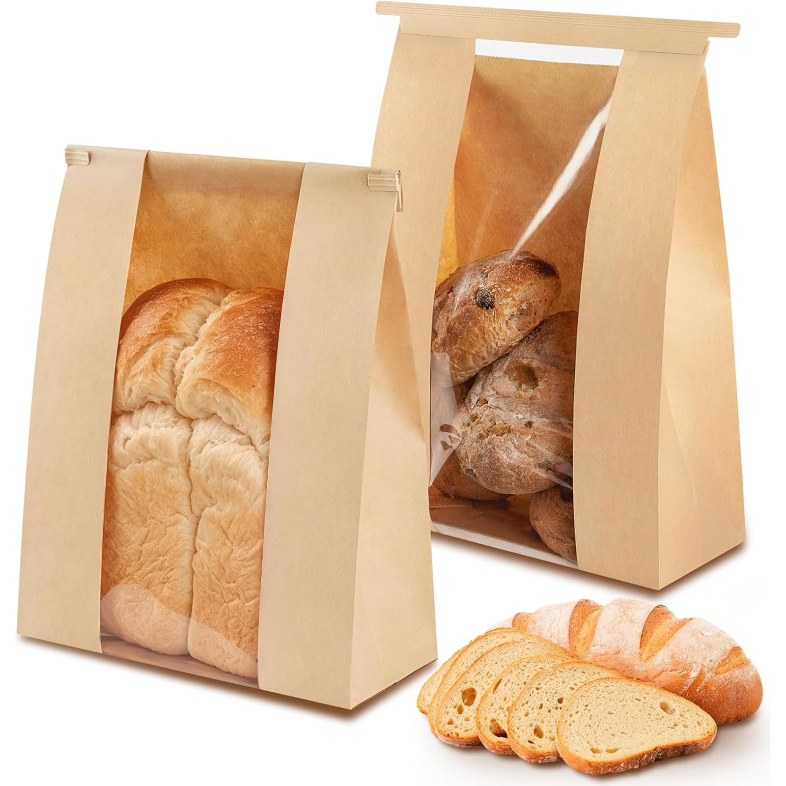 Ohuimrt 50 bolsas grandes de papel para pan casero, 13.7 x 8.2 x 3.5 pulgadas, bolsas de panadería con ventana, bolsas de pan de masa madre con cierre de pestaña de corbata de estaño
