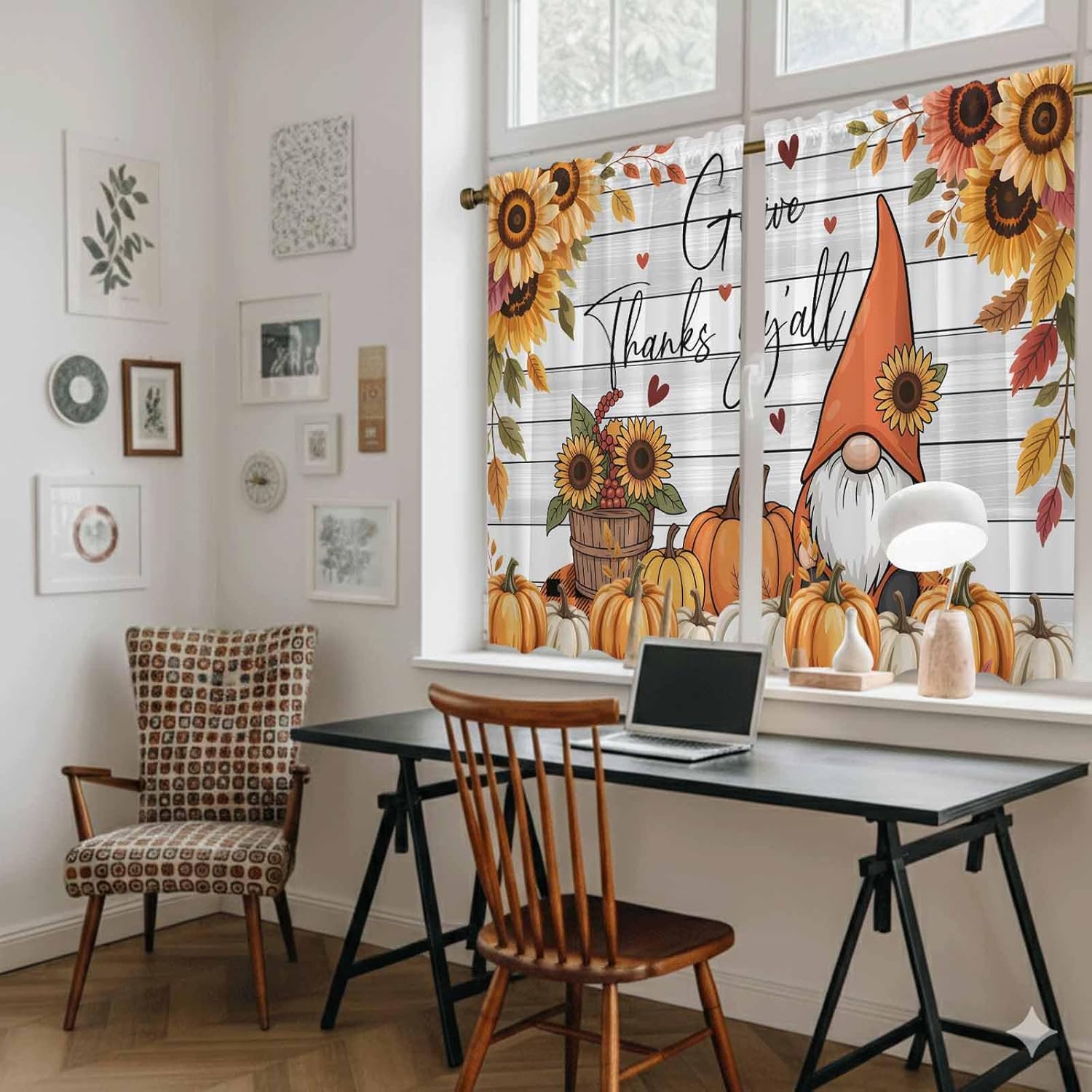 Fall Gnomes Kitchen Tier Curtains 45 Inch Long 2 Panel Set,Rod Pocket Short Window Treatment,Thanksgiving Pumpkins Sunflower Gray Wooden Curtains & Drapes for Bathroom Basement 27.5"W x 45"L