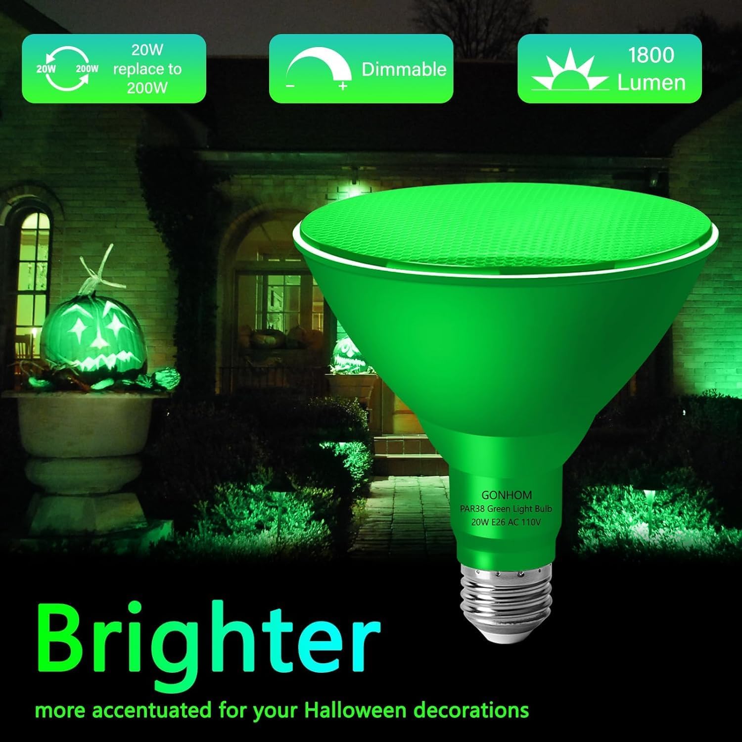 Gonhom PAR38 Flood Lights Outdoor,Dimmable LED Flood Light Bulbs,20W(Equivalent to 200W),E26 Base,Outdoor Porch,Holiday Lighting,LED Flood Light Bulb for Halloween,Christmas,2 Pack Green