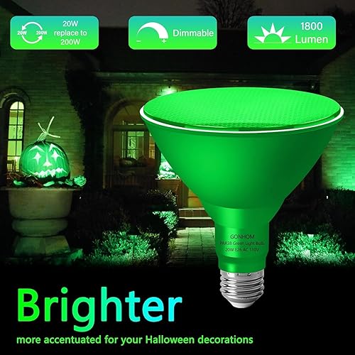 Miniatura 4 de Paquete de 2 luces de inundación verdes PAR38 para exteriores, bombilla verde de inundación regulable, 20 W (equivalente a 200 W), luz LED verde con