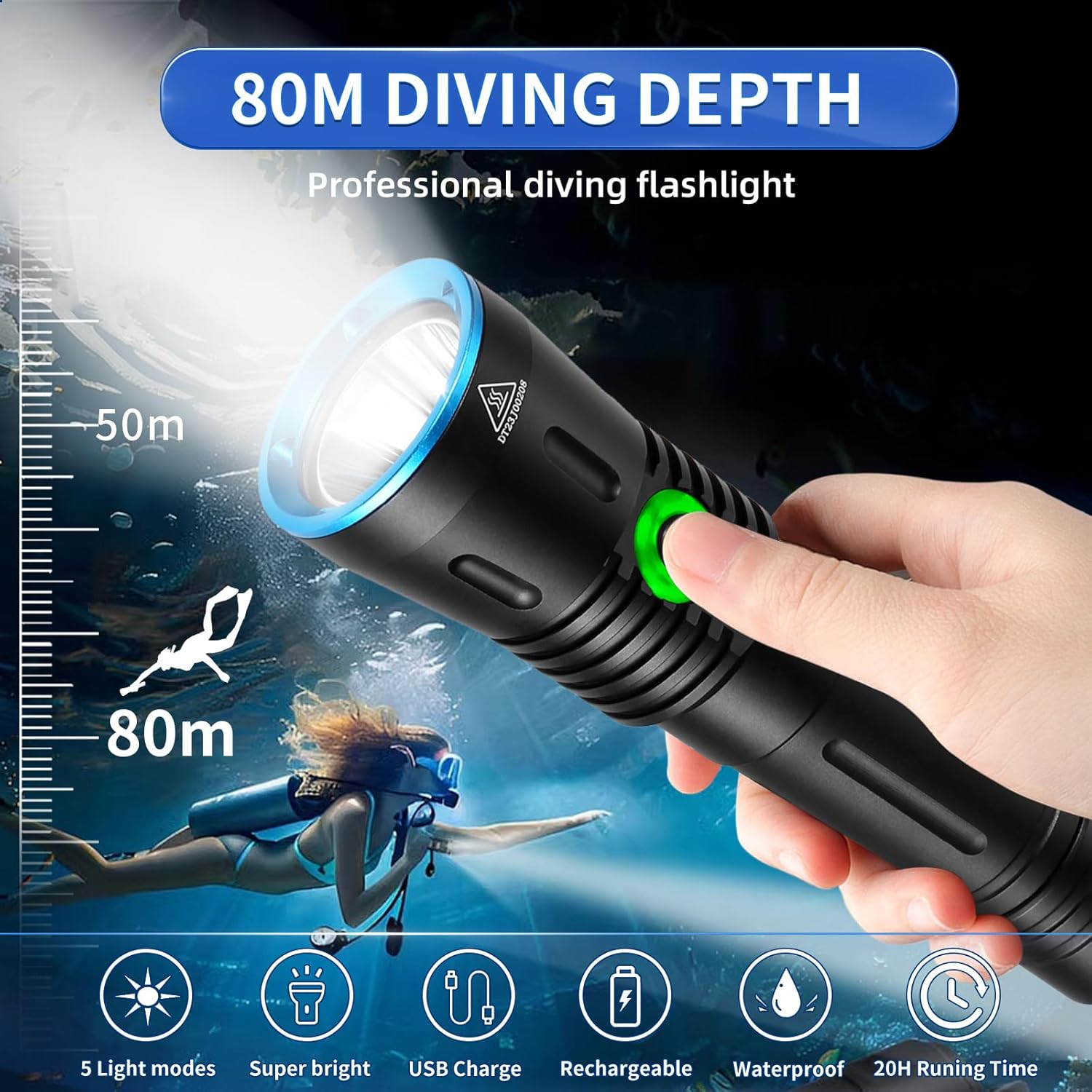 DVF01 Scuba Diving Light,Super Bright 2000 Lumens Scuba Diving Flashlight 5 Modes with Power Indicator,IP68 Waterproof Underwater Flashlight,Rechargeable Safety Dive Torch(Battery Included)