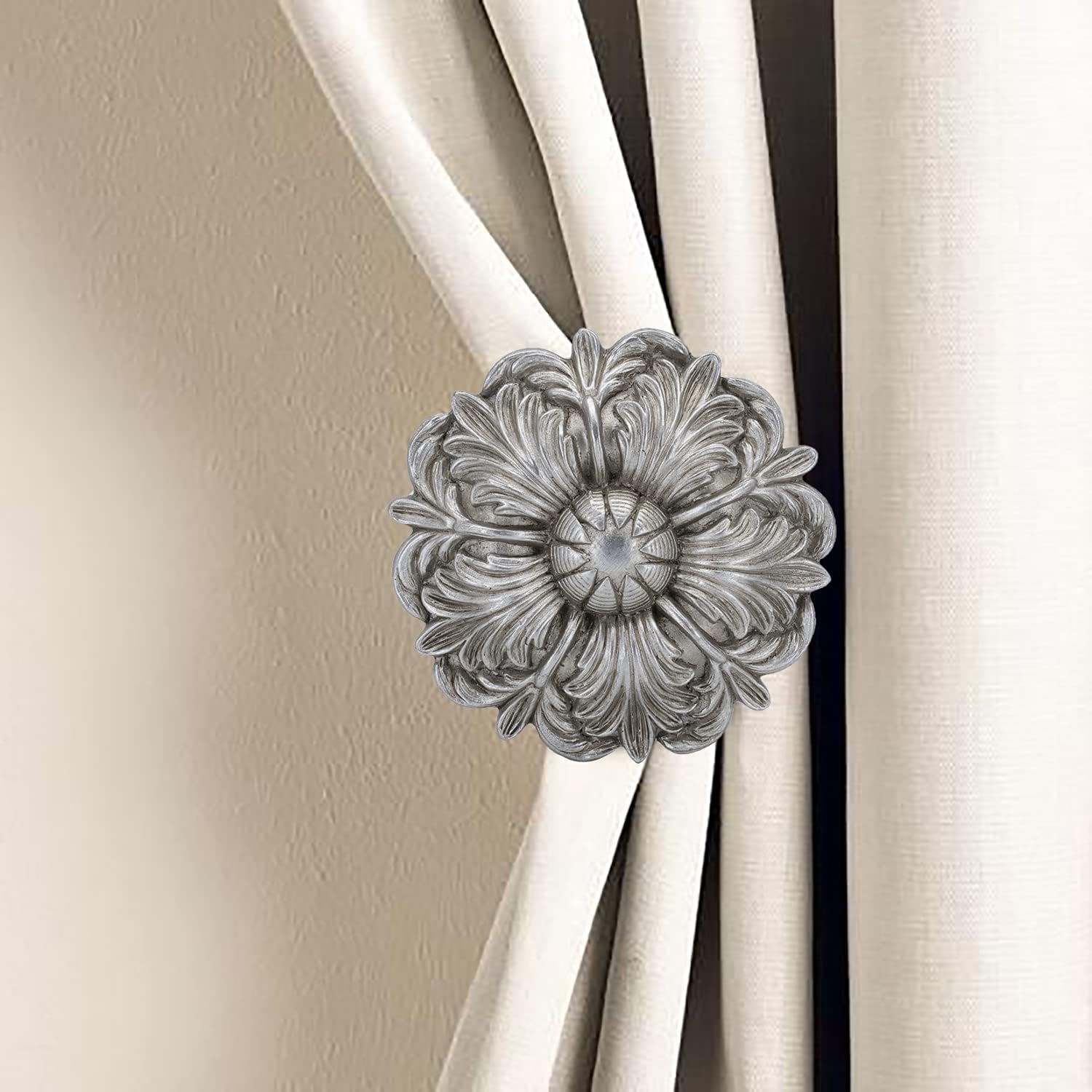 MERIVILLE Set of 2 Fleur Window Drapery Medallion Holdbacks, Curtain Tiebacks, Wall Hook, Tassel Holder, Pewter : Home & Kitchen