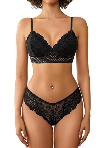 Avidlove Lingerie Set for Women Sexy Lace Bra and Panty Sets 2 Piece Lace Bralette Set - Black - Large