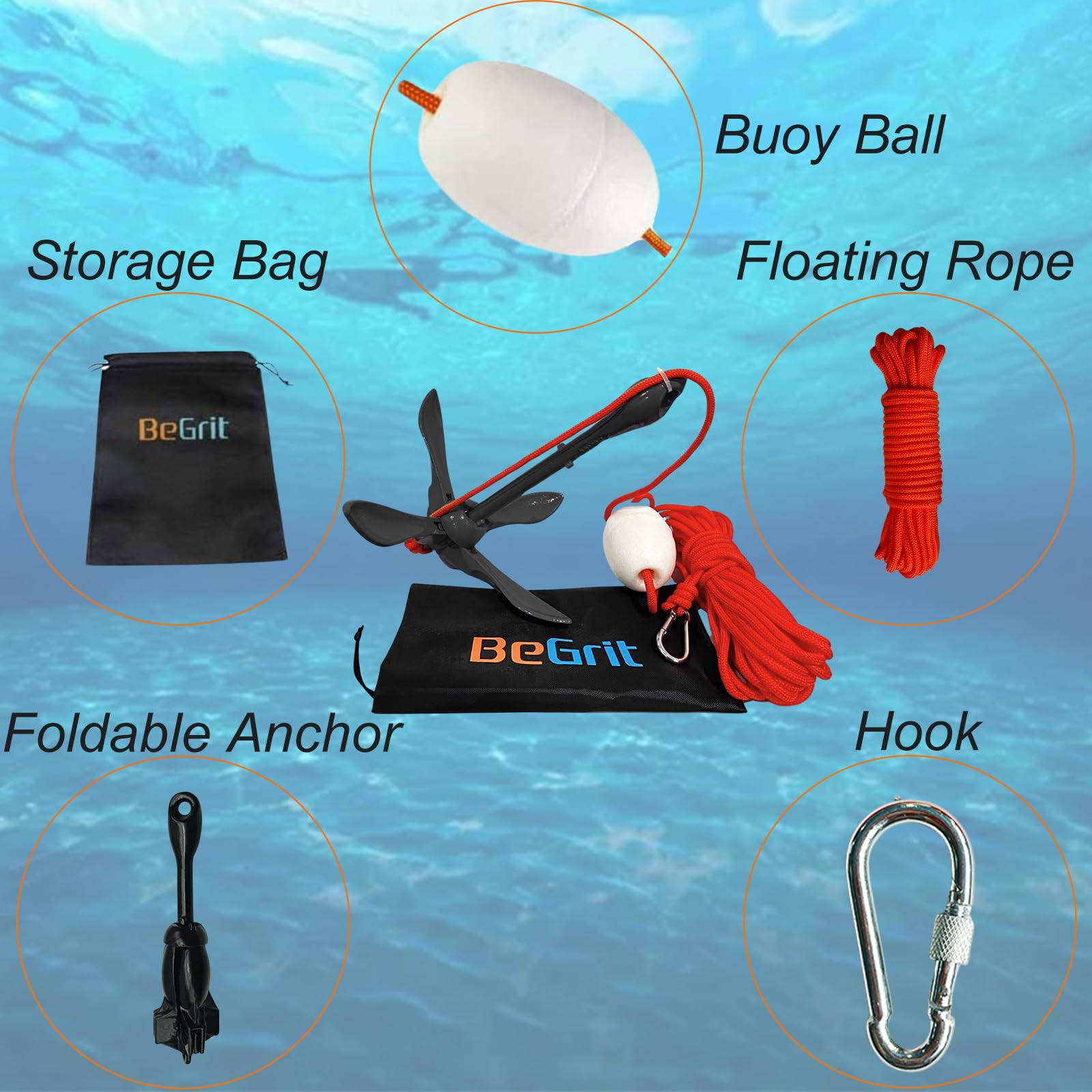 BeGrit Kayak Anchor 3.3 lb Small Boat Anchor Kit Green Folding Grapnel Anchor Carbon Steel for Canoe Jet Ski SUP anchor with 32.8 ft ø 6 mm Anchor Line Carrying Bag - Image 3