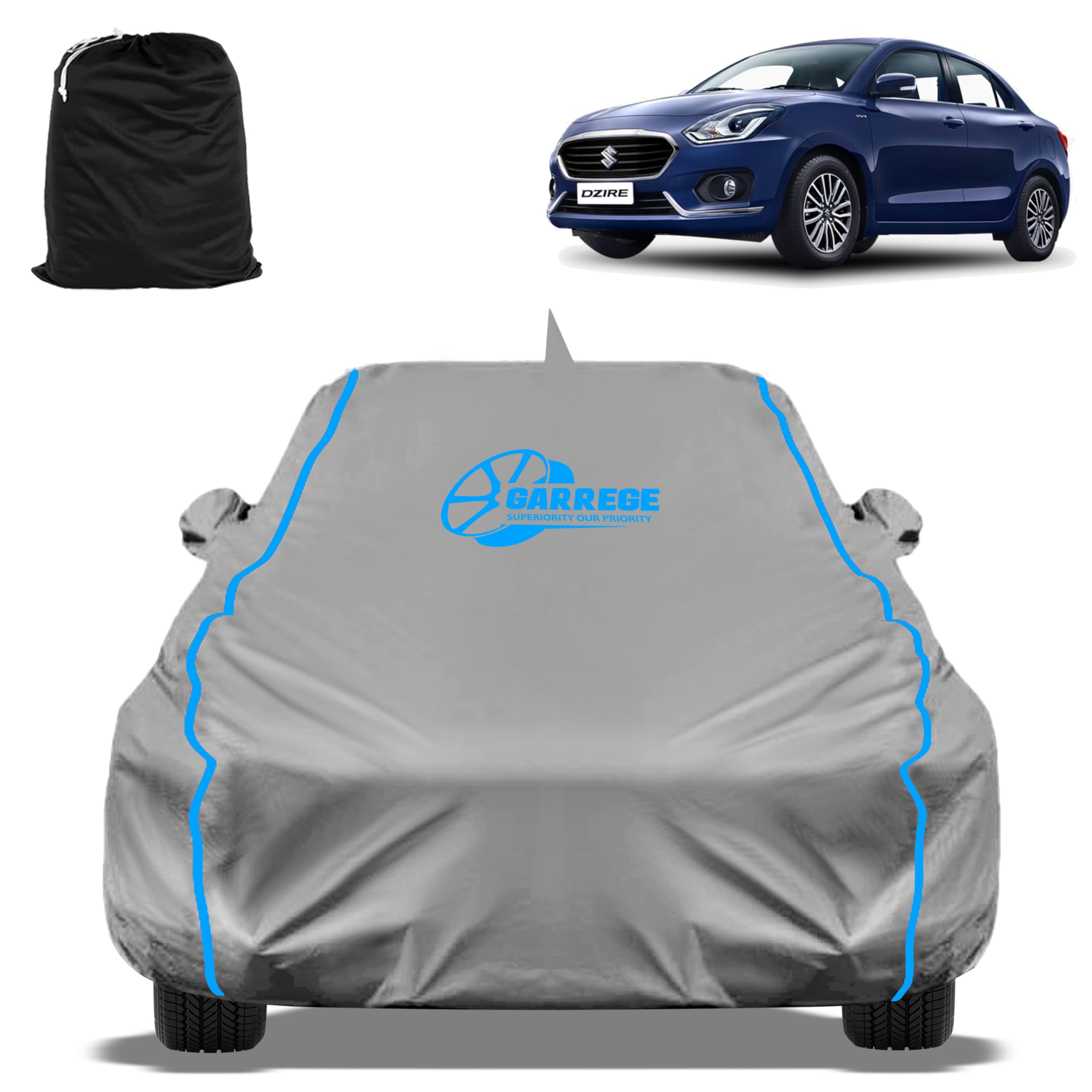 Waterproof Car Body Cover Compatible with Maruti Suzuki Swift Dzire VXI Cng Mirror and Antenna Pocket, Triple Stitched (Heat Resistant US Grey with Red Piping)-image-20