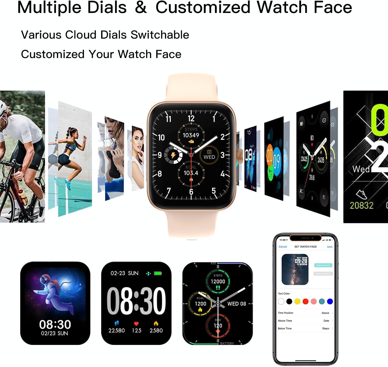 Smartwatch displaying various sport modes like walking, running, climbing, and cycling.