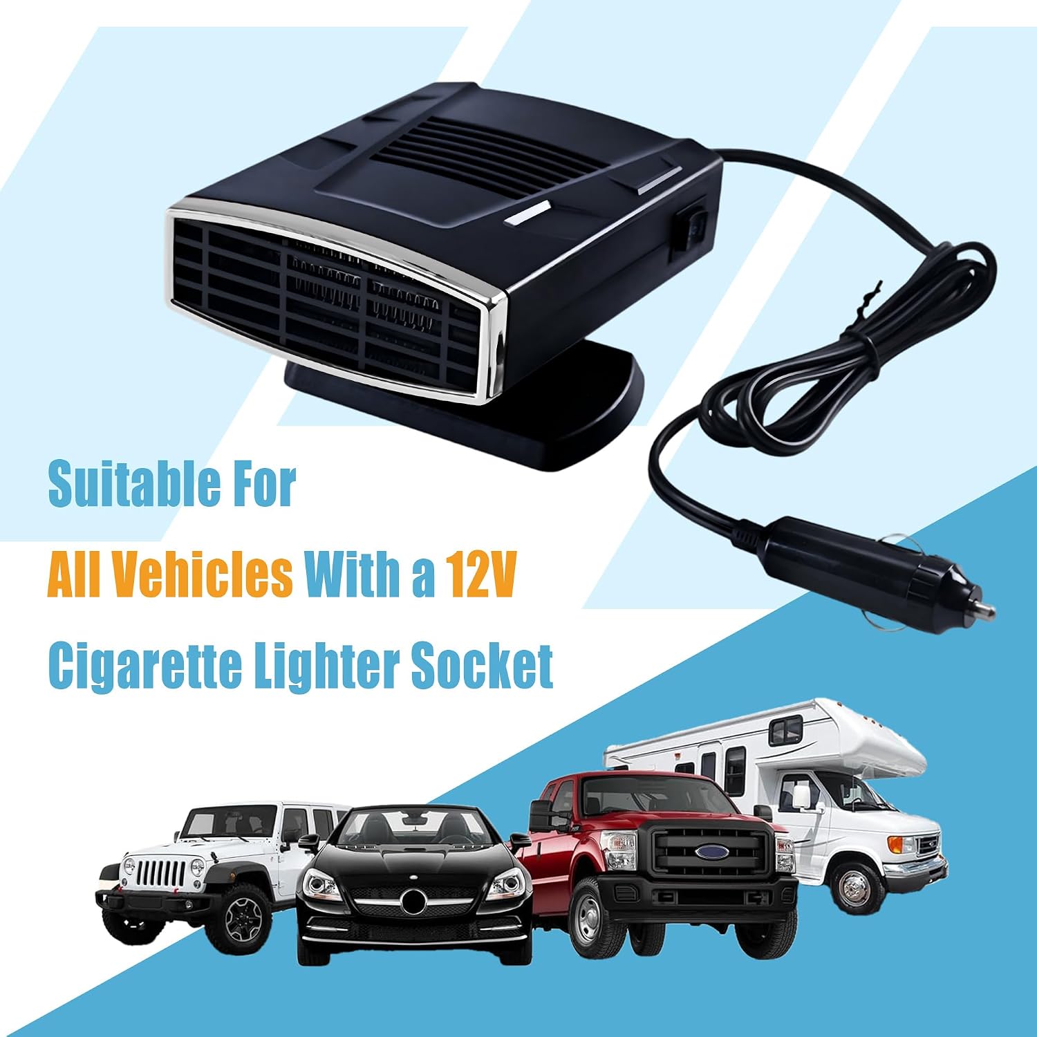 12V Portable Car Heater & Defroster, 200W Fast Heating 360° Rotatable Windshield Defogger Plug into Cigarette Lighter (Black Silver)