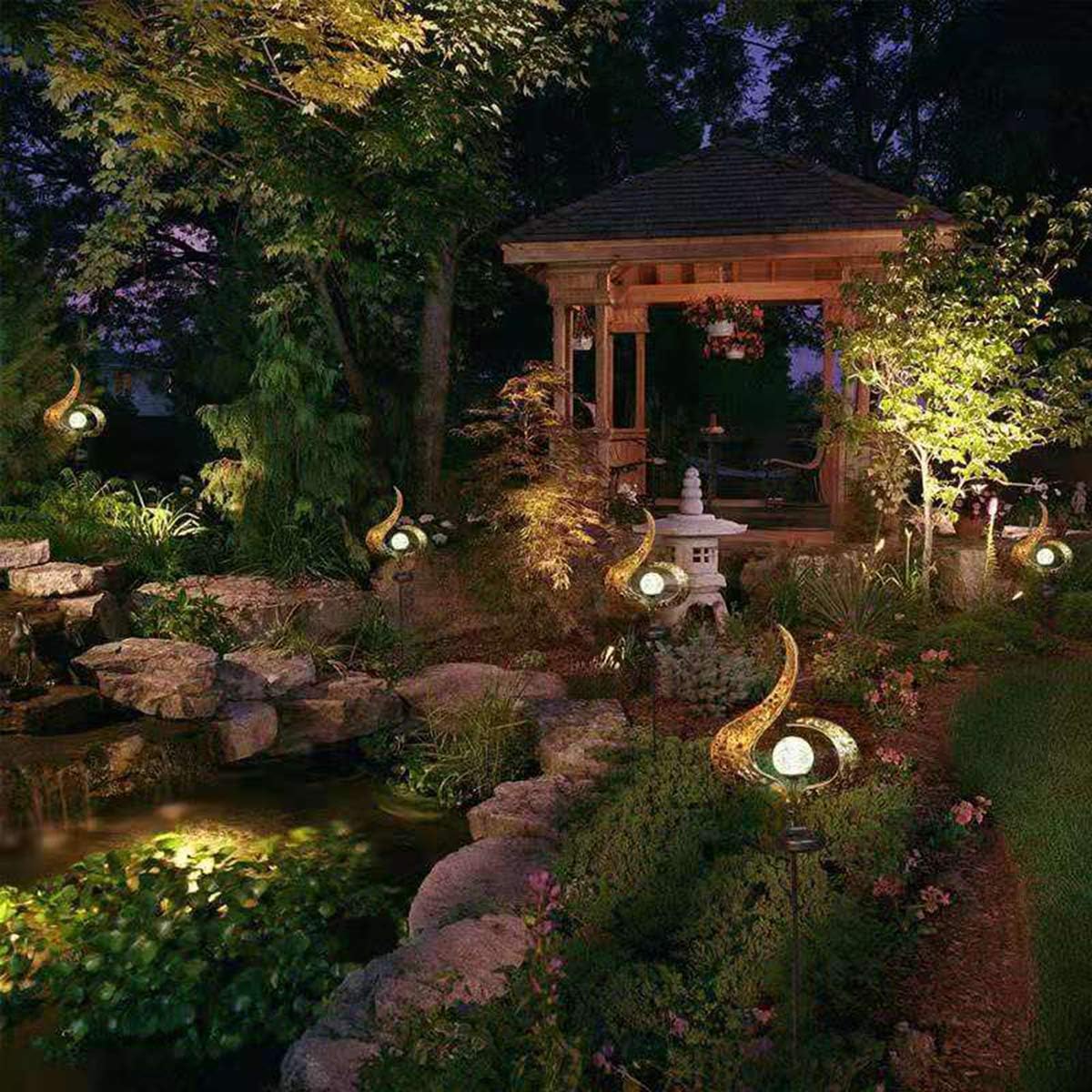 Solar Watering Can Lights, 2 Pack Solar Lanterns Outdoor Hanging Waterproof Metal Yard Art Lights Decor for Patio, Garden, Pathway, Flowerbed, Outdoor Gardening Gifts - 8 Modes (Flame Stakes)