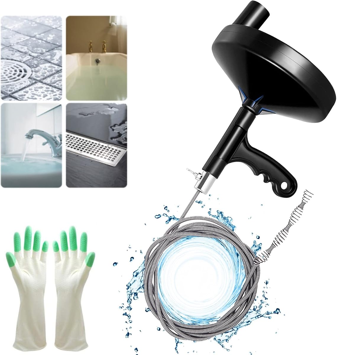 Barrena de drenaje de 25 pies con guantes, removedor de obstrucciones de drenaje de serpiente de plomería resistente | Serpiente de drenaje larga y flexible para eliminación profunda de obstrucciones, herramienta limpiadora de drenaje reutilizable para baño, ducha, bañera y fregadero de cocina