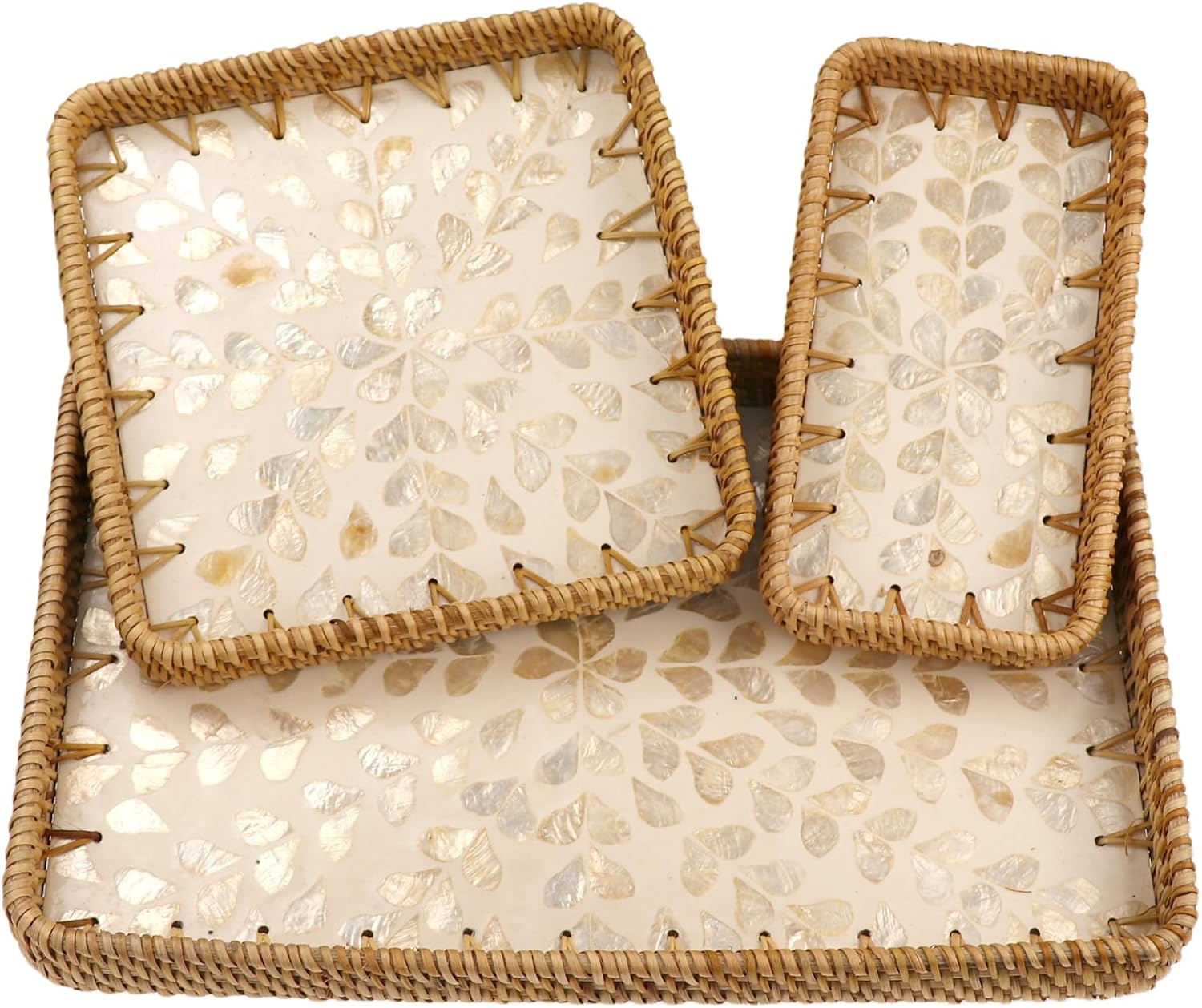 Rectangle Rattan Tray with Mother of Pearl Inlay, Handmade Wicker Fruit/Bread/Coffee Serving Basket for Party Picnic Table Kitchen Home Boho Decor 3 Sizes (Wicker White)