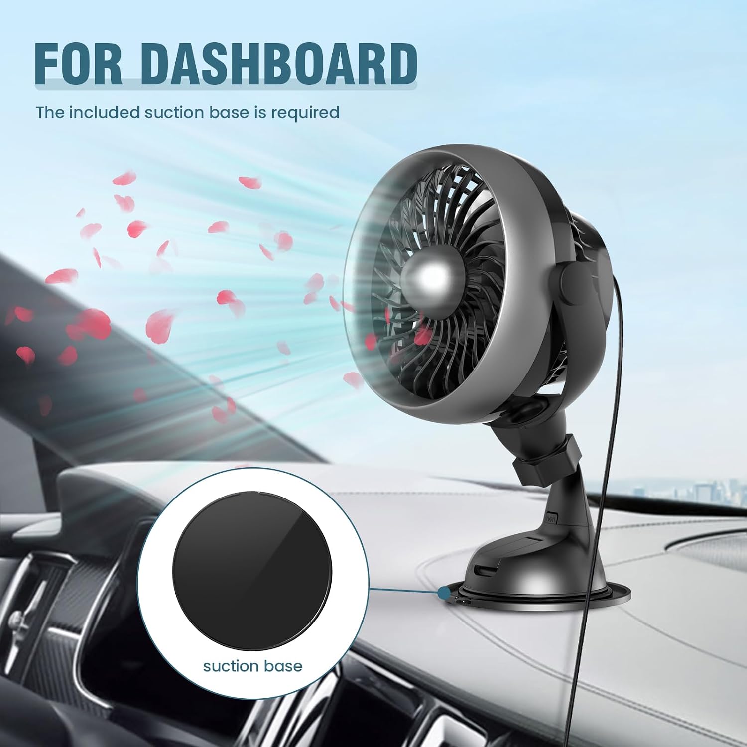 Portable Car Fan with Strong Suction and 4 Speeds,USB Dashboard Cooling Air Wall Fan for Sedan SUV RV Auto Vehicles Home, Window, Windshield, Bathroom, 4.92ft Cord, 5V, Quiet, Bonus Aroma Function