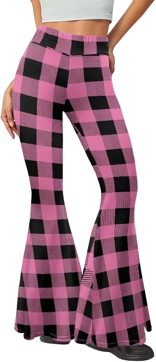 Women's High Waist Stretch Bell Bottom Slim-Fit Flare Leg Hippie Pants Cute Buffalo Plaid Stripes Leggings