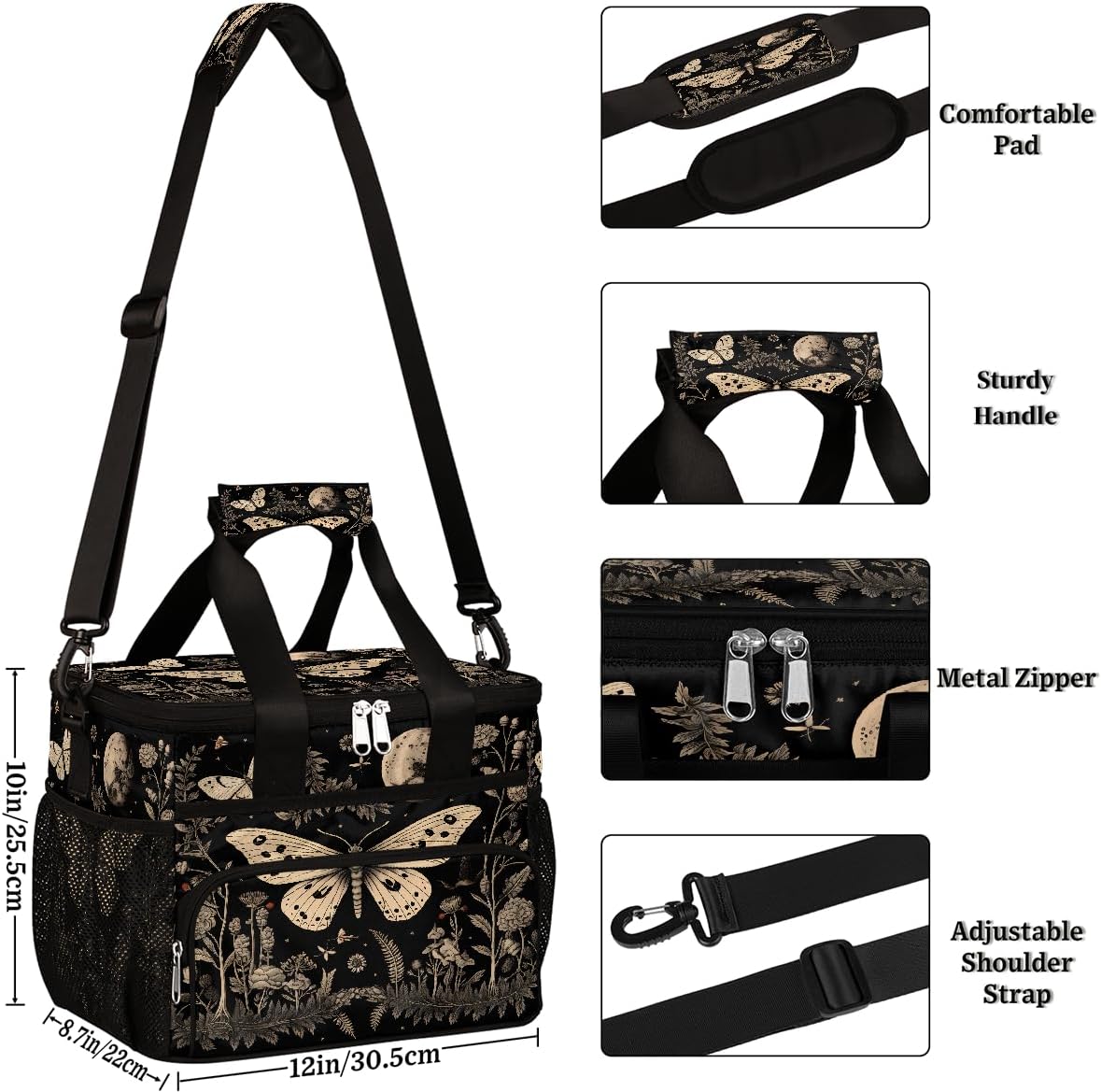 Lunch Bag Box for Women Men Vintage Gothic Floral Moon Butterfly Large Adults Insulated Leakproof Lunchbox Cooler Tote Bag for Work Picnic Beach