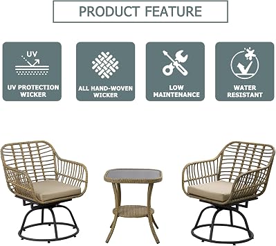 3 PCS Wicker Balcony Bistro Set, 360 Swivel Rocker Patio Chairs Set with Soft Cushions, Tempered Glass Top Table, Patio All-Weather Wicker Furniture Set - Swivel