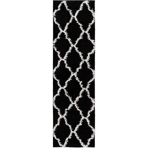 SAFAVIEH Dallas Shag Collection Runner Rug - 2'3" x 8', Black & Ivory, Trellis Design, Non-Shedding & Easy Care, 1.5-inch Thick Ideal for High Traffic Areas in Living Room, Bedroom (SGD257Z)