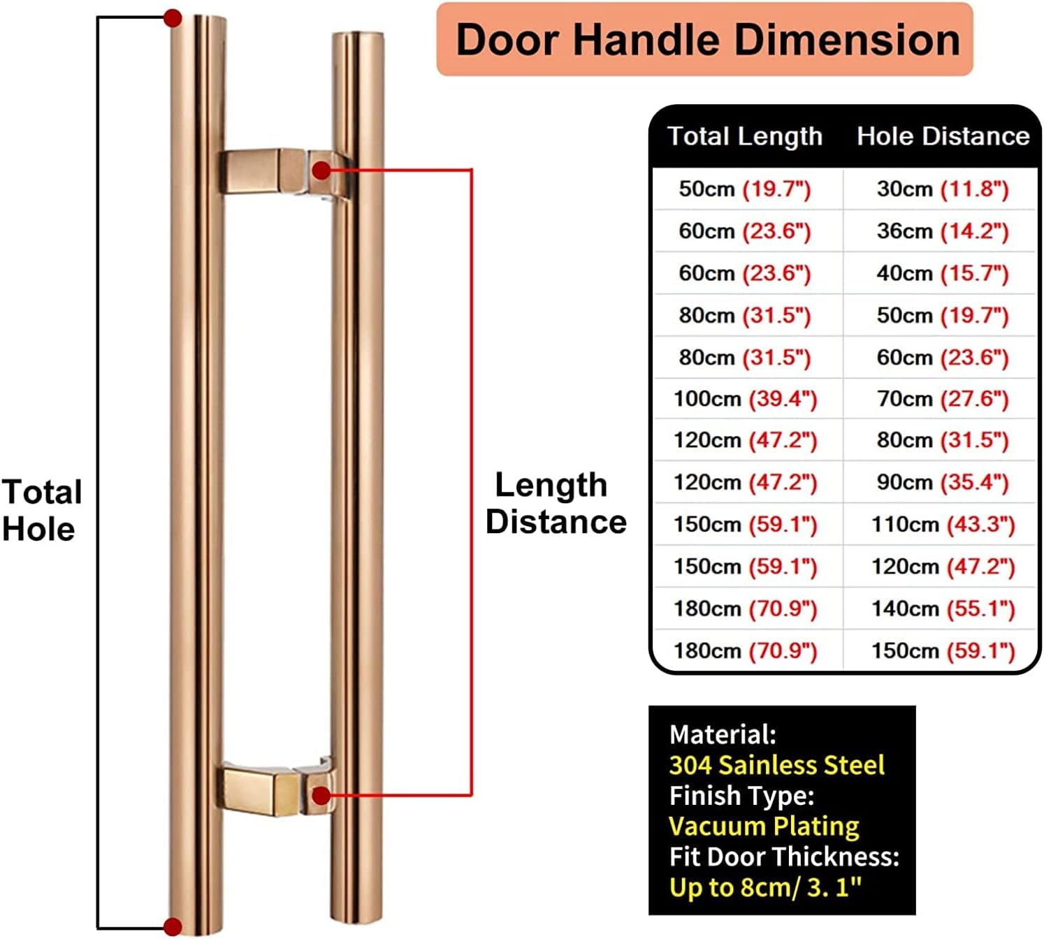 H Shape Door Handle, Door Handle Heavy Duty Industrial Grab Bar 50cm/60cm/80cm/100cm/120cm/150cm/180cm Lenght Round Set Hardware Sets