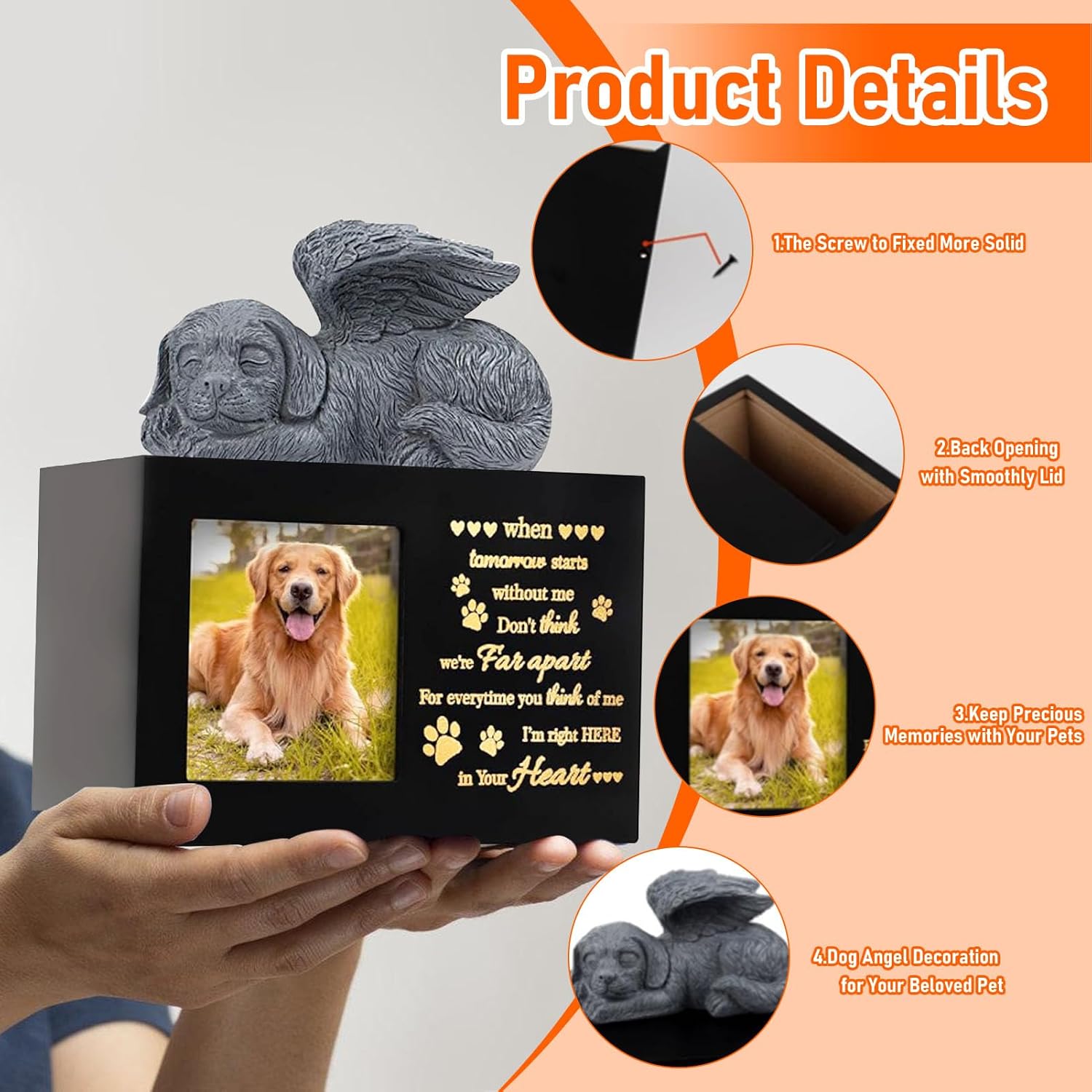 Pet Memorial Urns for Dog Ashes Box, Large Wooden Pet Dogs Urns with Dog Angel and Photo Frame, Memorial Keepsake Memory Box, Loss Pet Puppy Memorial Black Funeral Cremation Box Remembrance Gift