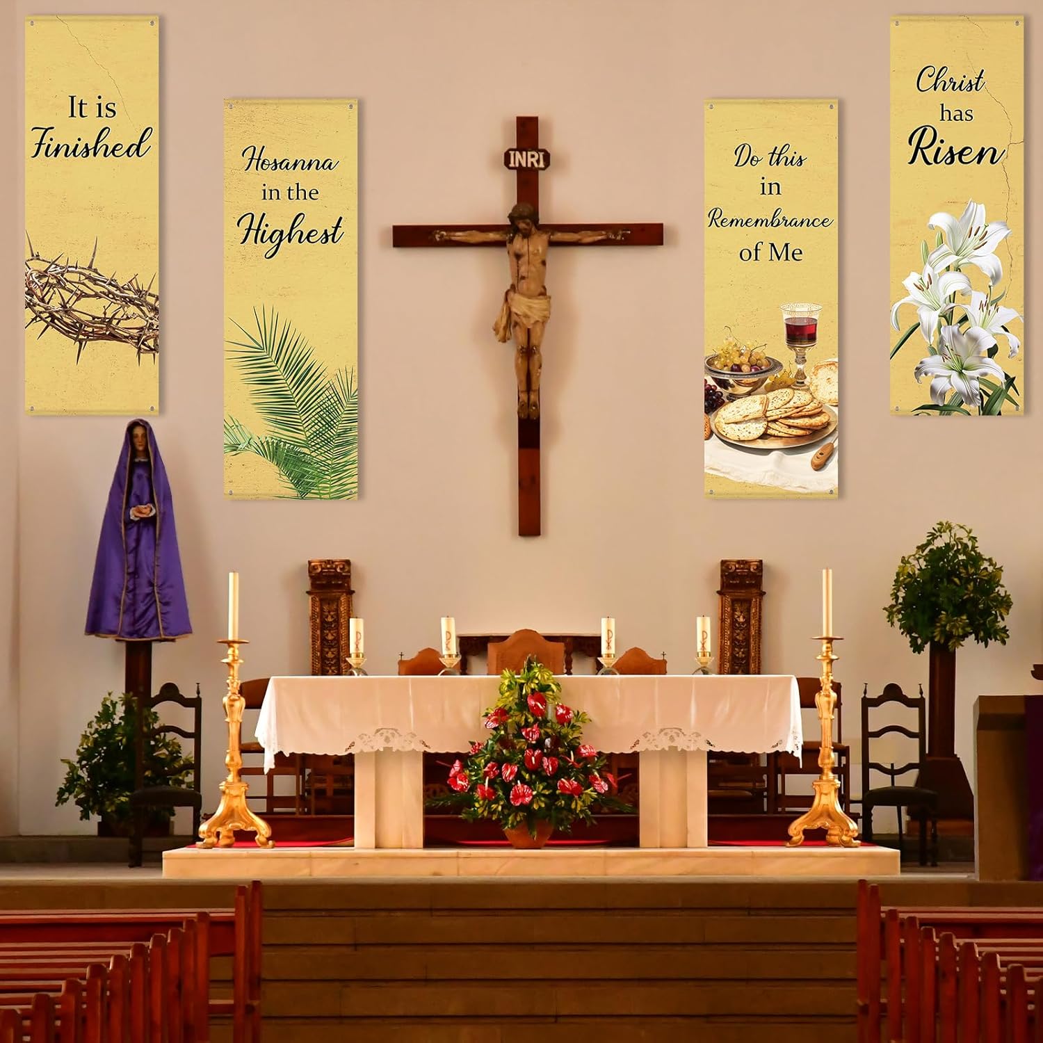 4Pcs Easter Church Banners for Sanctuary Wall Religious Banners Hanging Backdrop Praise Hanging Sign with Scripture Bible Verses Banner Easter Banner for Church School Decor(Retro Warm Yellow)