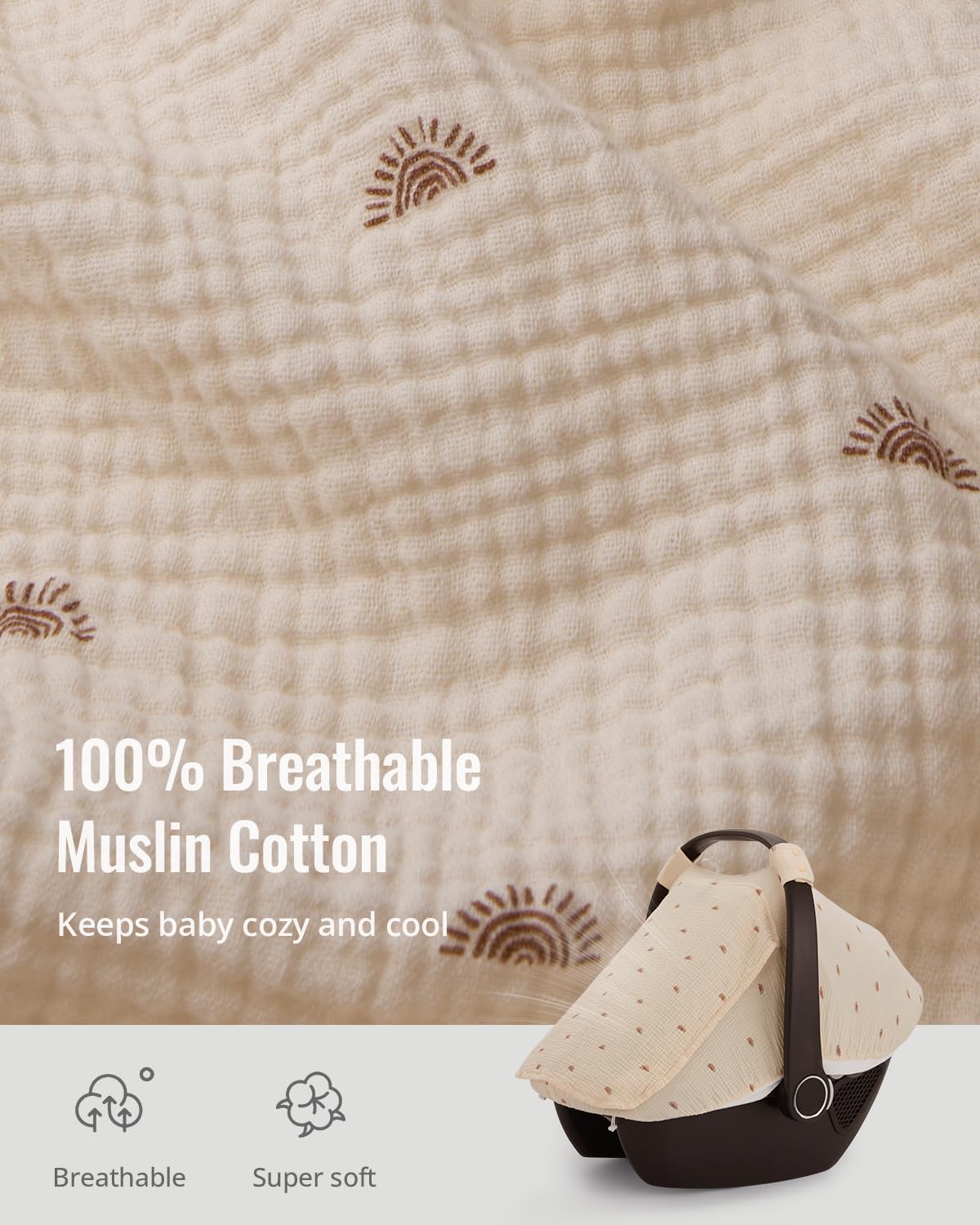 Blissful Diary Baby Car Seat Cover, Extra Large Mesh Window, Breathable Muslin Cotton, Infant Windproof Canopy, Must-Have Baby Gift - Sunshine