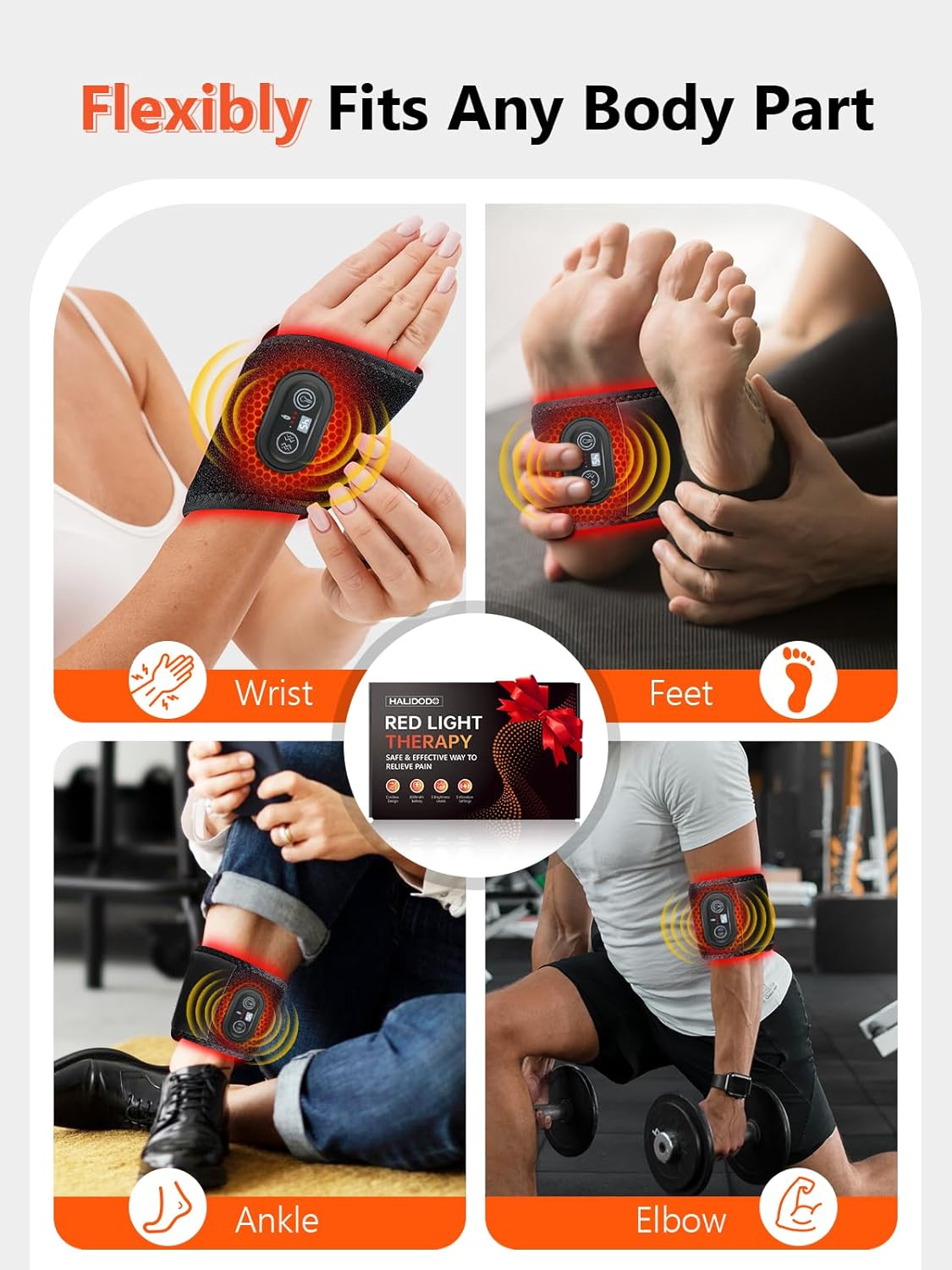 Image showing the red light therapy wrap being used on wrist, feet, ankle, and elbow