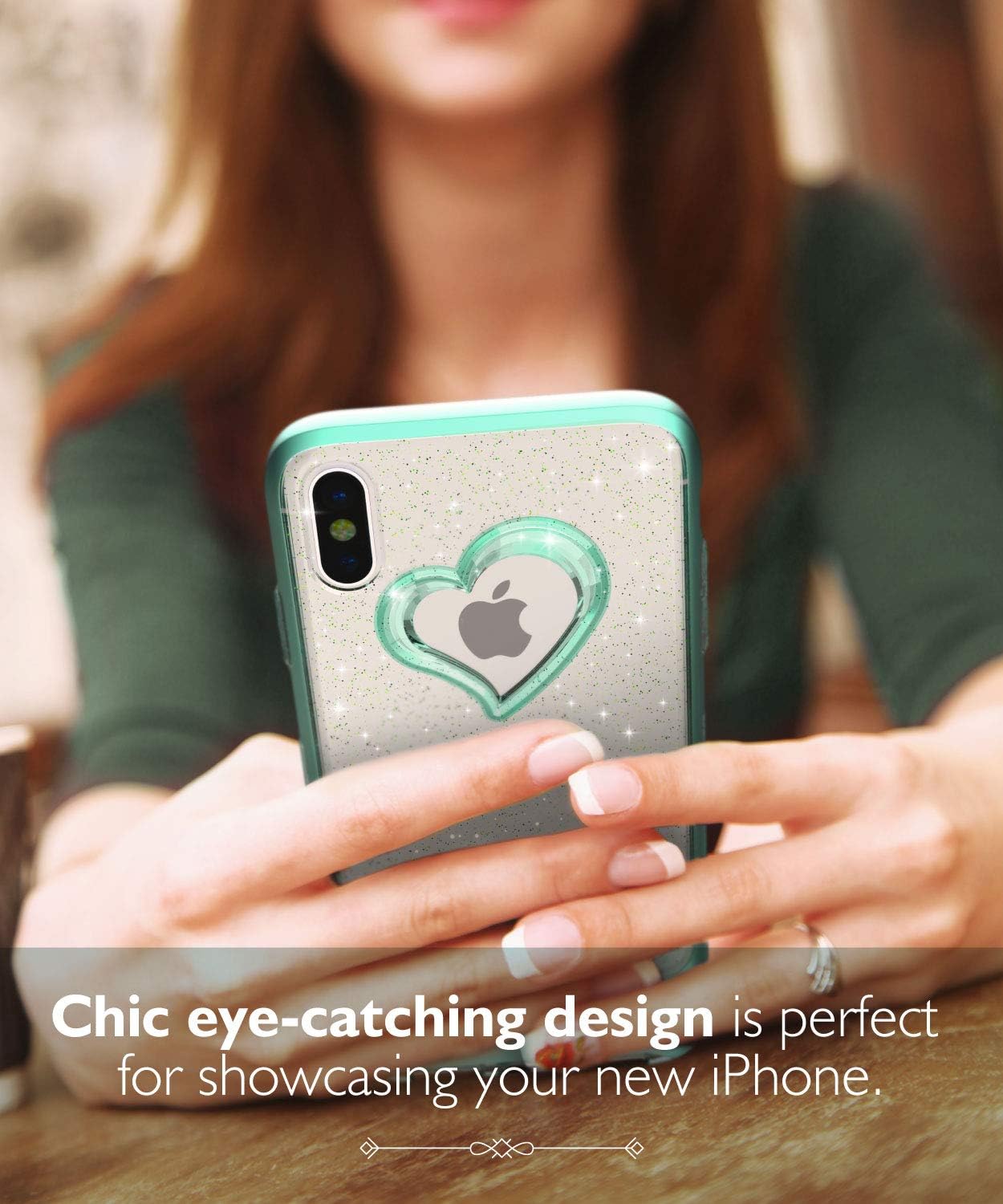 VENA iPhone Xs Max Glitter Case, vLove (Heart Shape, CornerGuard Protection) Dual Layer Slim Hybrid Clear Bumper Cover Designed for Apple iPhone Xs Max (6.5"-inch) - Teal
