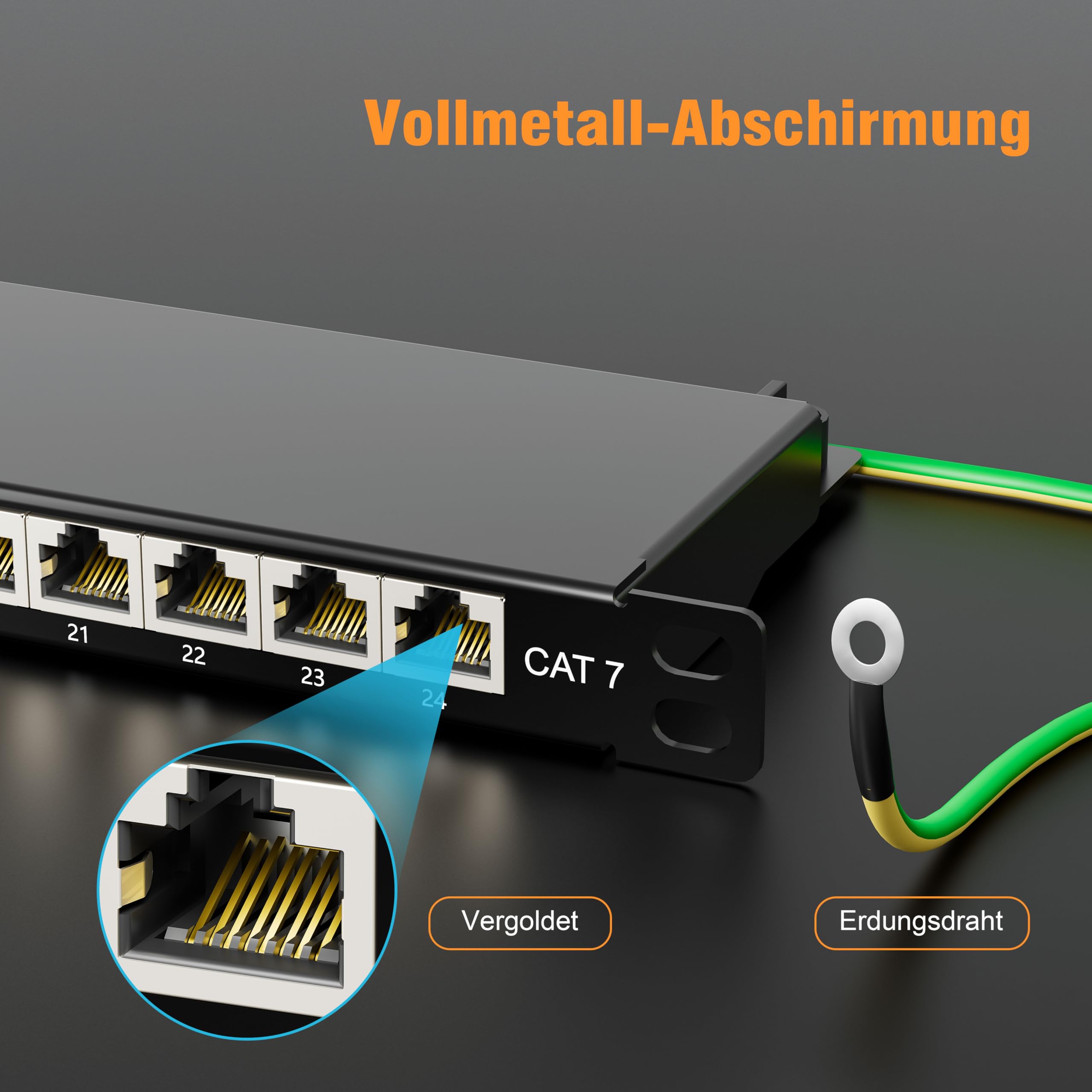 iwillink Panneau de brassage Cat7 24 ports - Montage en rack 19" 0,5 HE - Prises RJ45 - Panneau de distribution LSA - 10 Gbps Gigabit - 600 MHz - Shield STP - Noir
