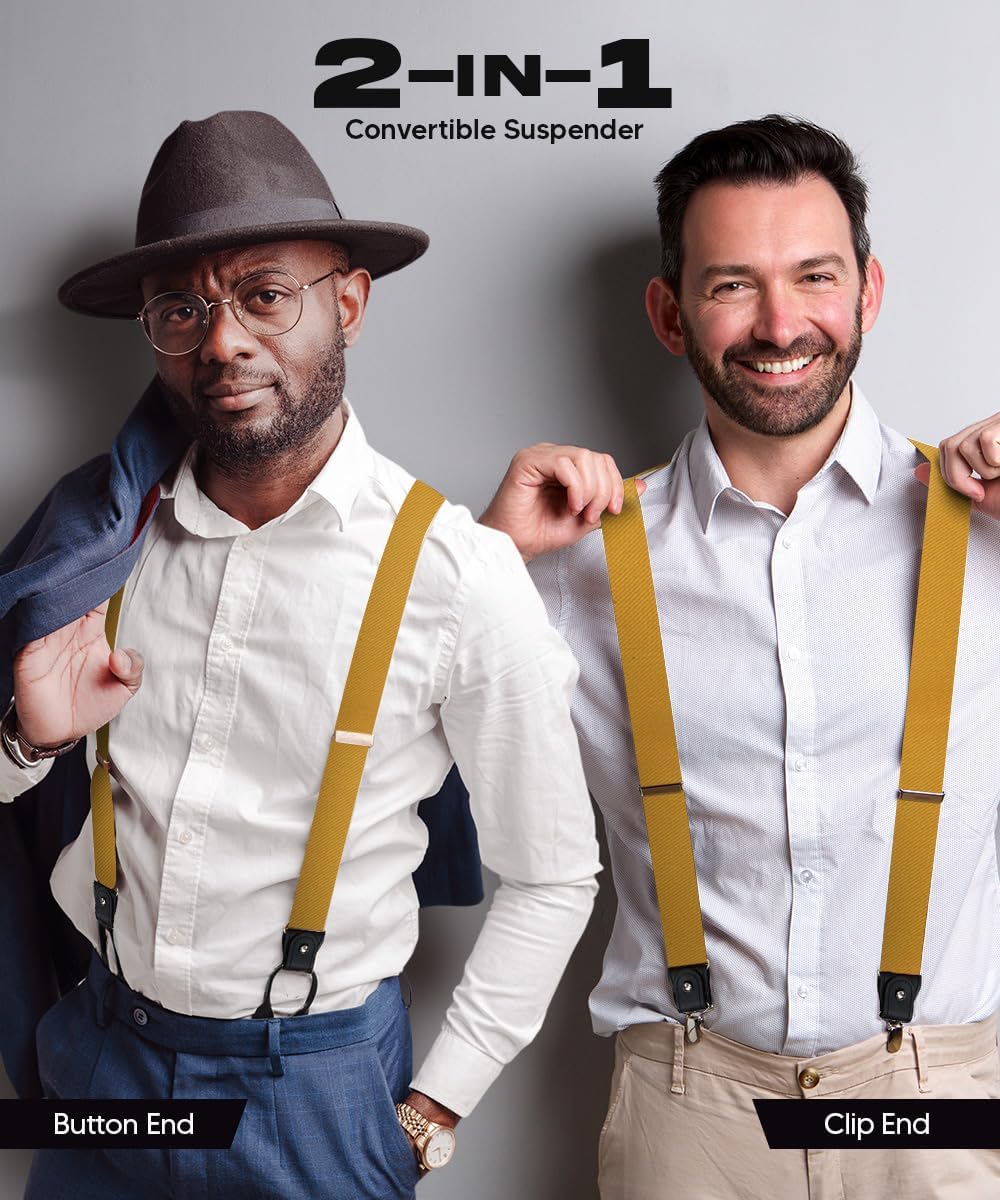 Convertible Suspenders with Interchangeable Clip & Button End Styles, Elastic Y-Back