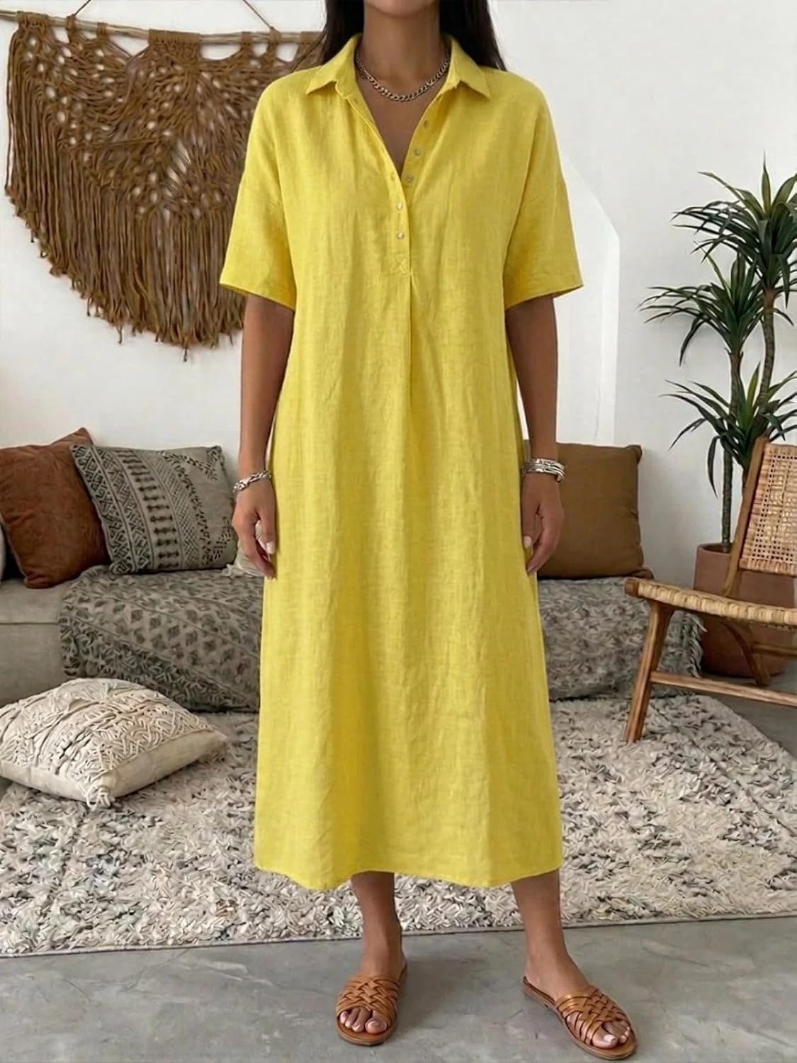 Aoleaky Women's Loose Fit Short Sleeve A-Line Dress, Casual Linen Midi Dress for Spring/Summer