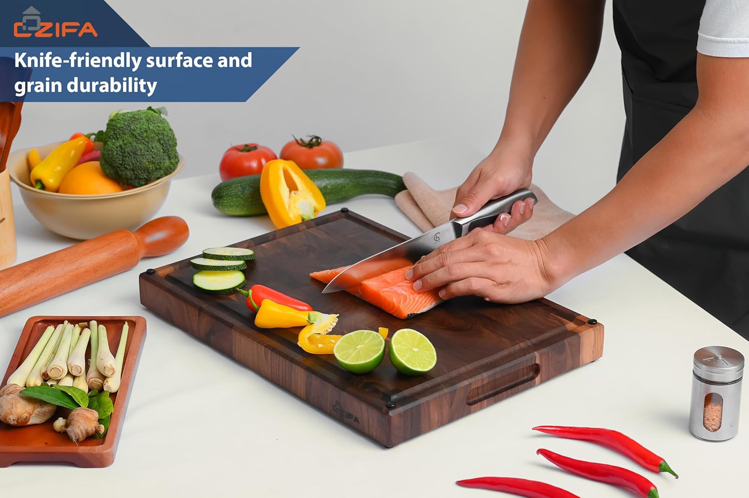 American Dark Walnut Wood Cutting Board 17"x12"x1.6" for Kitchen with Juice Groove, Inner Handles, Gift Box Packaging and End Grain Butcher Block Finished with Linseed Oil, Beeswax & Lemon Oil