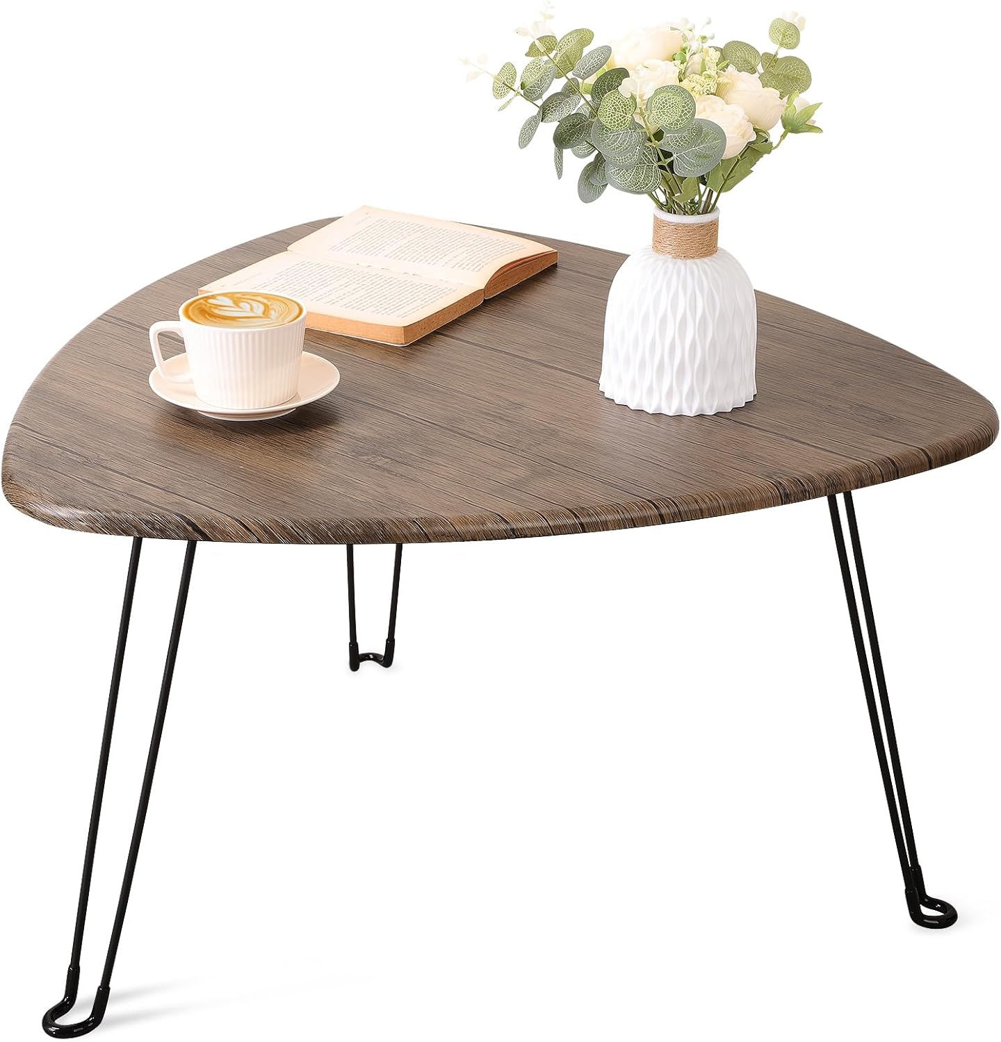 (Black) Folding Coffee Table for Living Room Small Wooden Folding Tables with Steel Legs Light Brown Triangle Coffee Table Modern Floor Desk Low Table for Small Spaces Home Office