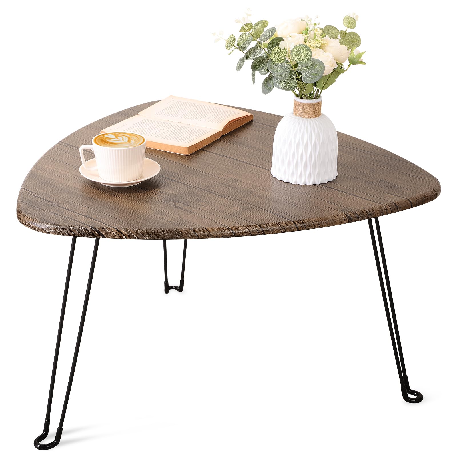 FEUFOAM Folding Coffee Table for Living Room Small Wooden Folding Tables with Steel Legs Light Brown Triangle Coffee Table Mid Century Modern Floor Desk Low Table for Small Spaces Home Office