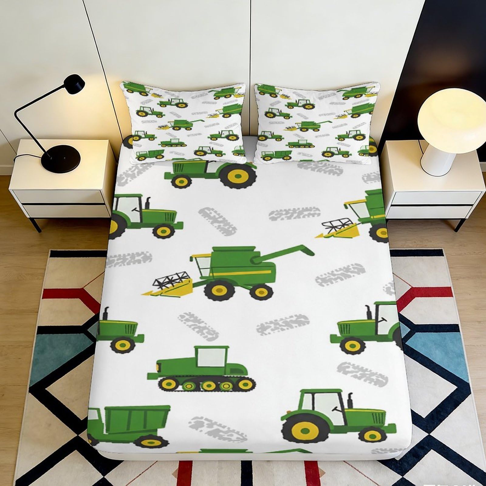 3D Printed Farm Tractor Fitted Sheet Microfiber Soft Durable Agricultural Vehicles Mattress Cover for Bedroom Dormitory Guest Room Protection 160x200x25cm