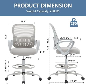 DUMOS Drafting Chair - Ergonomic Tall Office for Standing Desk, Counter with Height Adjustable and Comfortable Lumbar Support, Fixed Armrests, Grey