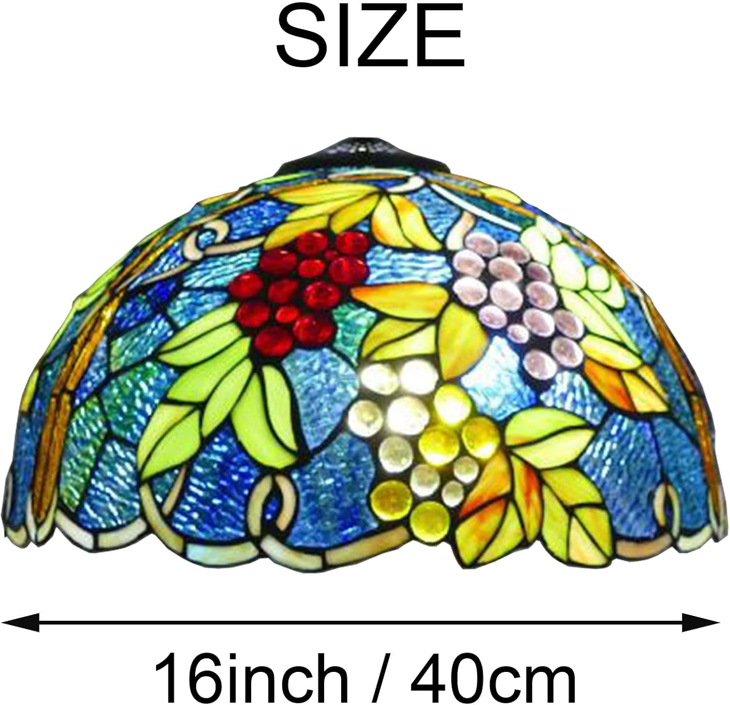 Tiffany Style Mediterranean Grapes Stained Glass Lampshade Replacement, Crystal Beads Green Leaf Blue, 16" Round, Multicolor, Glossy Finish, Floral Pattern, For Floor, Table, Pendant Lamps