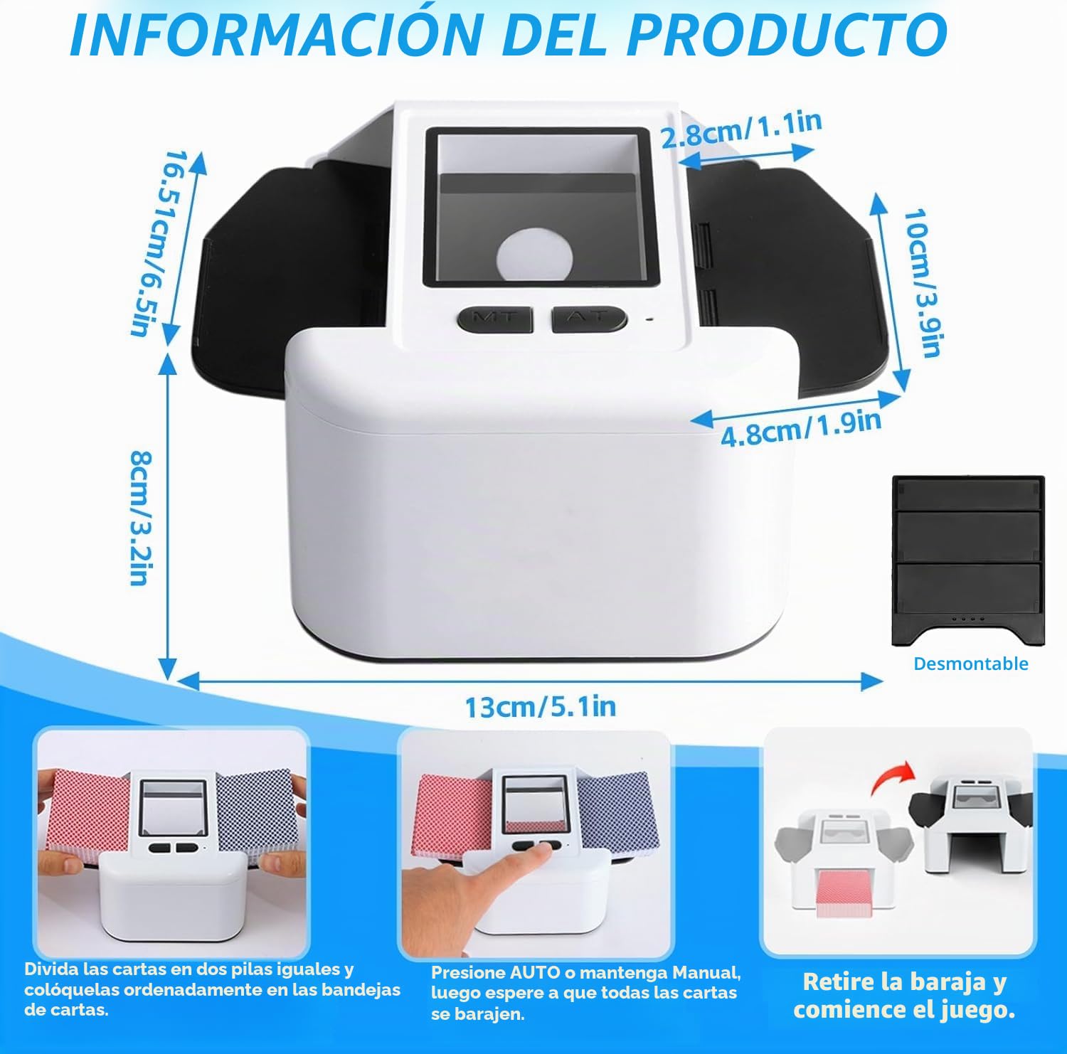 Barajador de Cartas Automático, Barajador Eléctrico para 1-2 Barajas, Modo Automático y Manual, Recargable 2000 mAh, Portátil y Silencioso, para Póker, UNO, Blackjack, Skip-BO