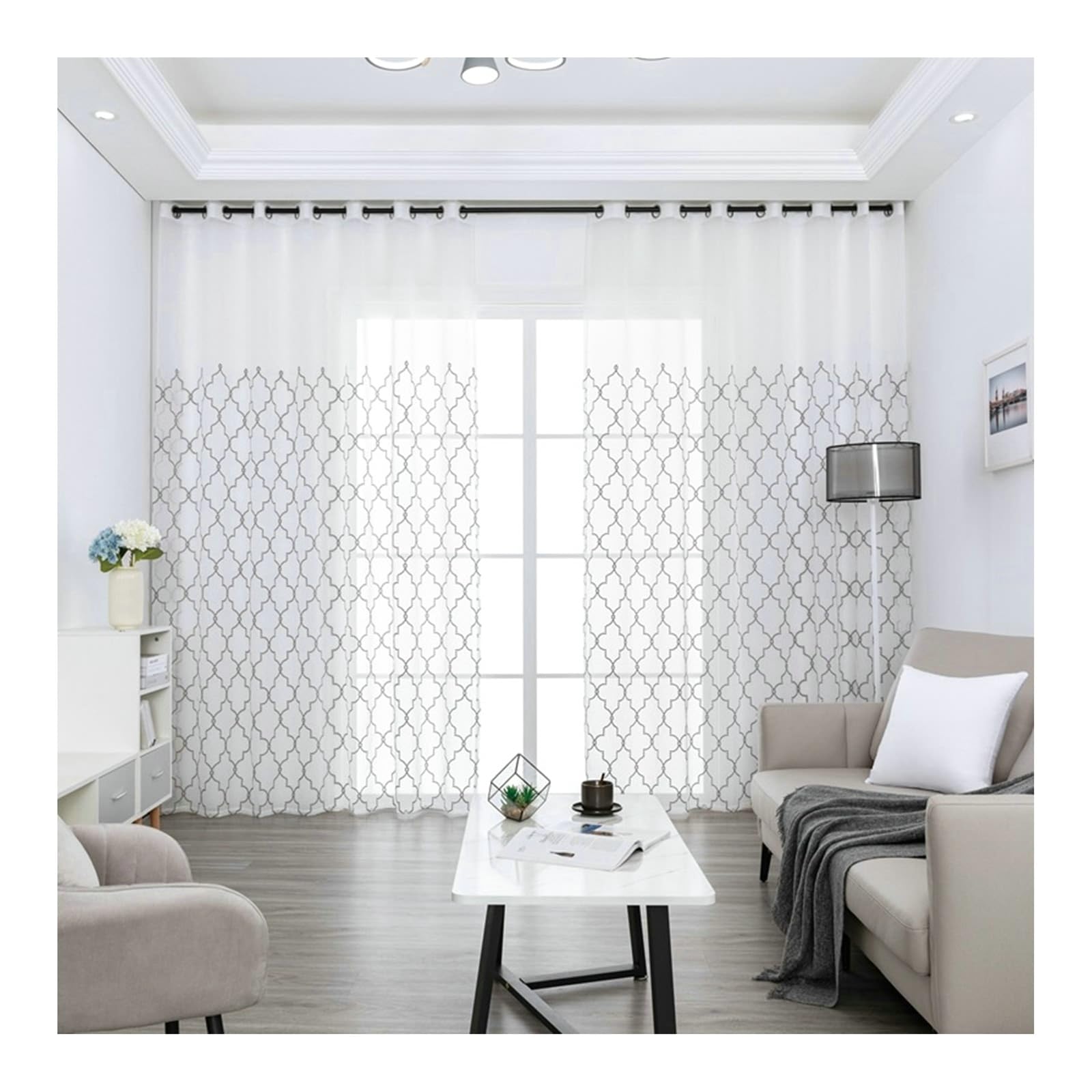 Vorhänge Grau und Weiß Transparent Kurz 137 Breit, 2 Stück Polyester Moderne Voile Vorhänge Bestickt mit Ösen für Schlafzimmer, H160 x B137 cm