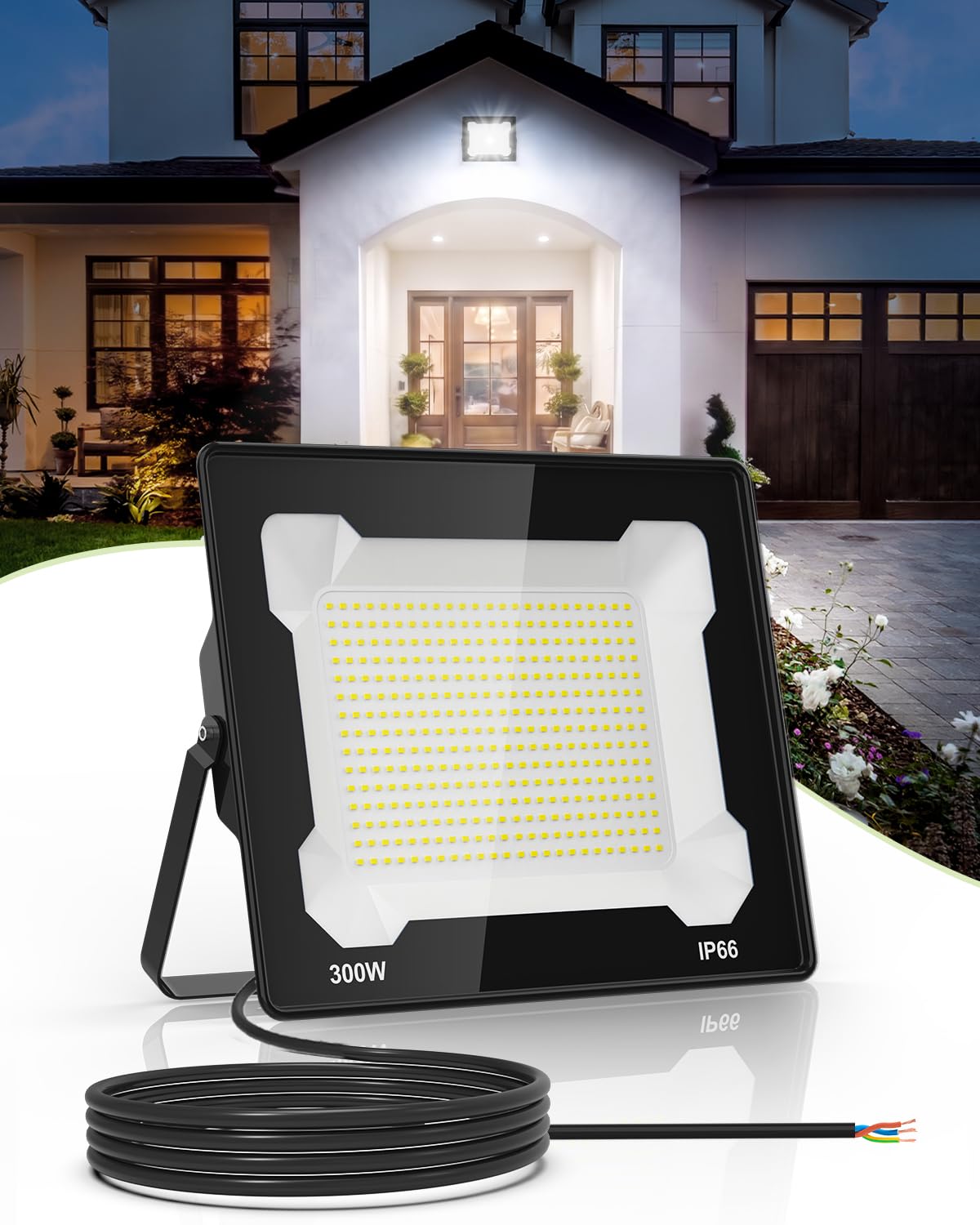 Faretto LED da esterno da 300 W, 30.000 lm con angolo del fascio di 120°, luce bianca fredda 6500 K, lente in policarbonato antiriflesso, impermeabile IP66; ideale per cortile, vialetto.