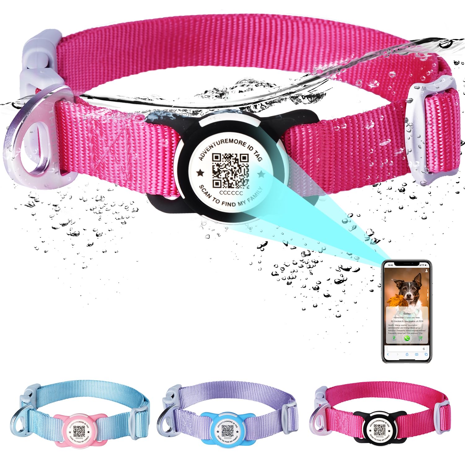 ADVENTUREMORE Airtag Dog Collar with Smart ID QR Code Airtags Holder: Prevents Dogs from Getting Lost at Night, Displays Owner and Pet Details.