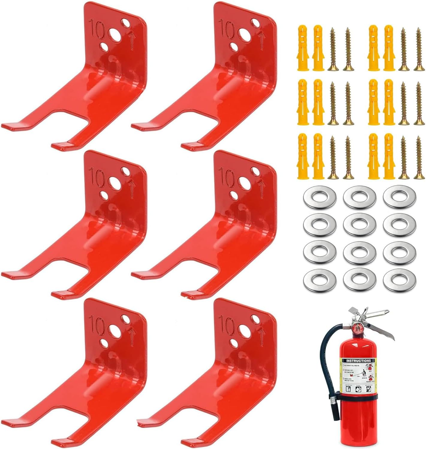 6 Pack Fire Extinguisher Mount Fire Extinguisher Bracket Fire Extinguisher Hook for Dry Powder and Water Extinguishers with Neck Diameters Less Than 1 Inch, Red, JX-017
