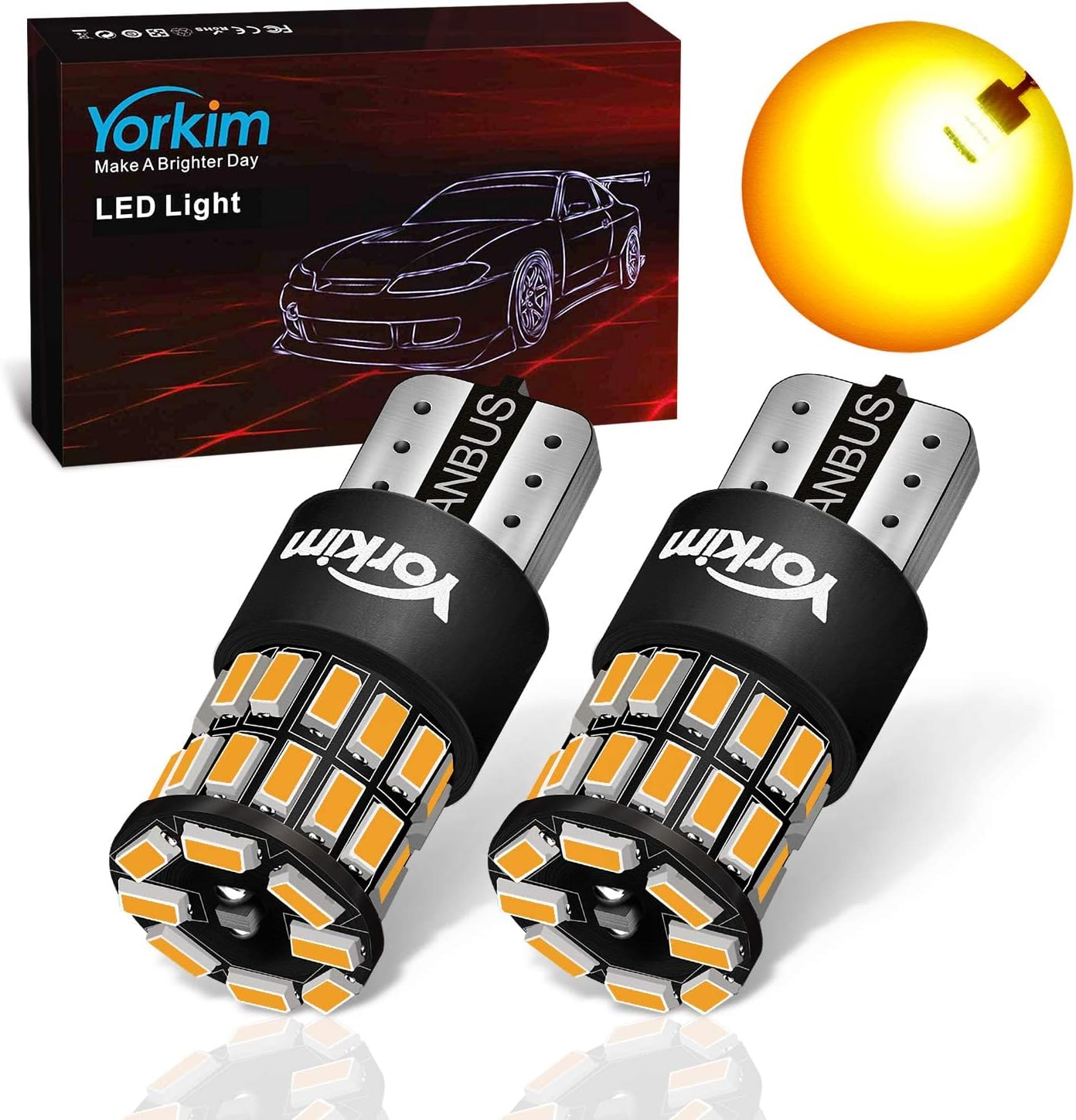 Yorkim 194 LED Bulb Amber, Error Free T10 Led Bulbs Amber 168 LED Bulb Amber for Interior Light Door Courtesy Trunk License Plate Lights, 168 192 2825 W5W LED Replacement Bulbs for 12V Car, Pack of 2